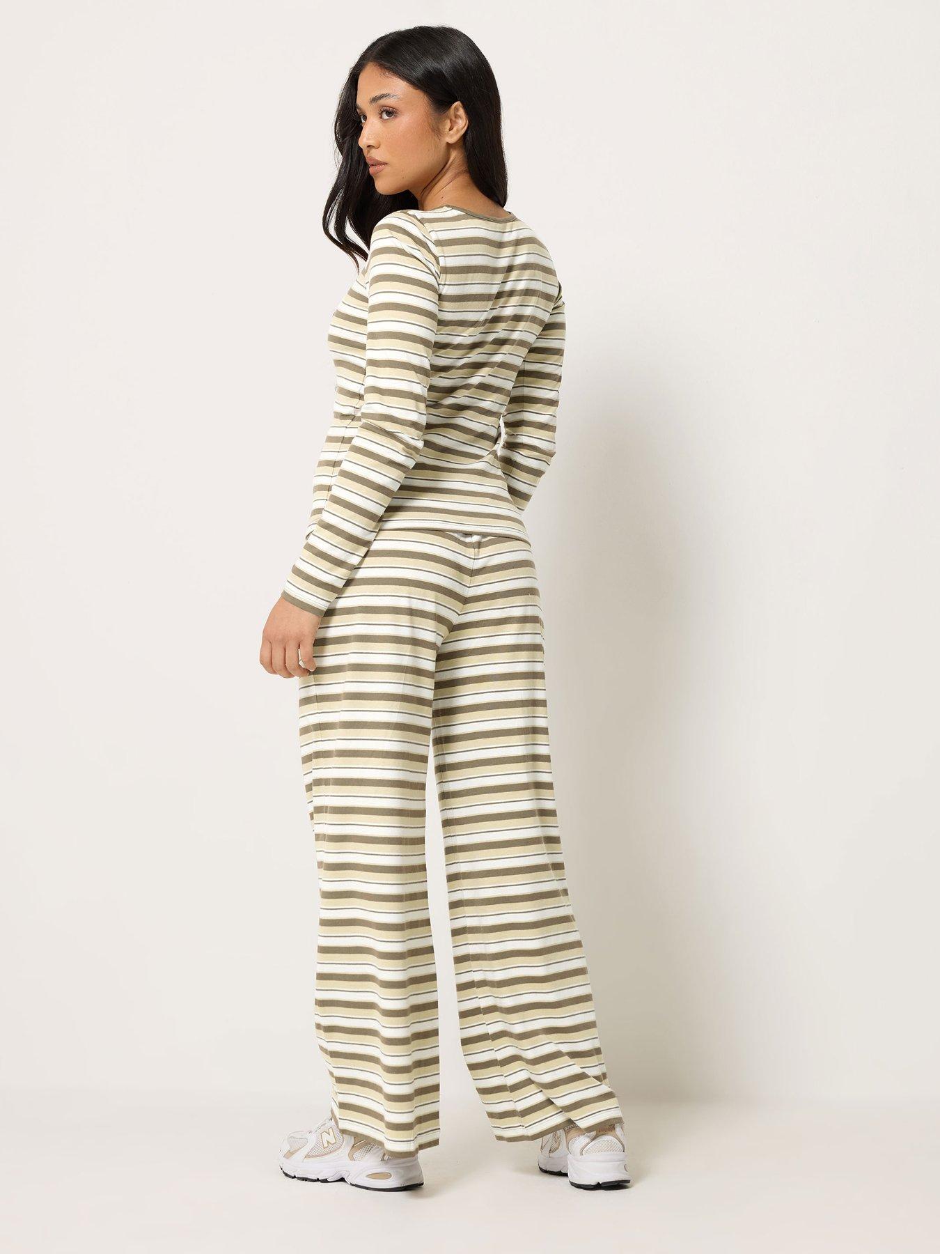Image 2 of 4 of PixieGirl Petite Stripe Button Through Top and Trouser Set - Brown