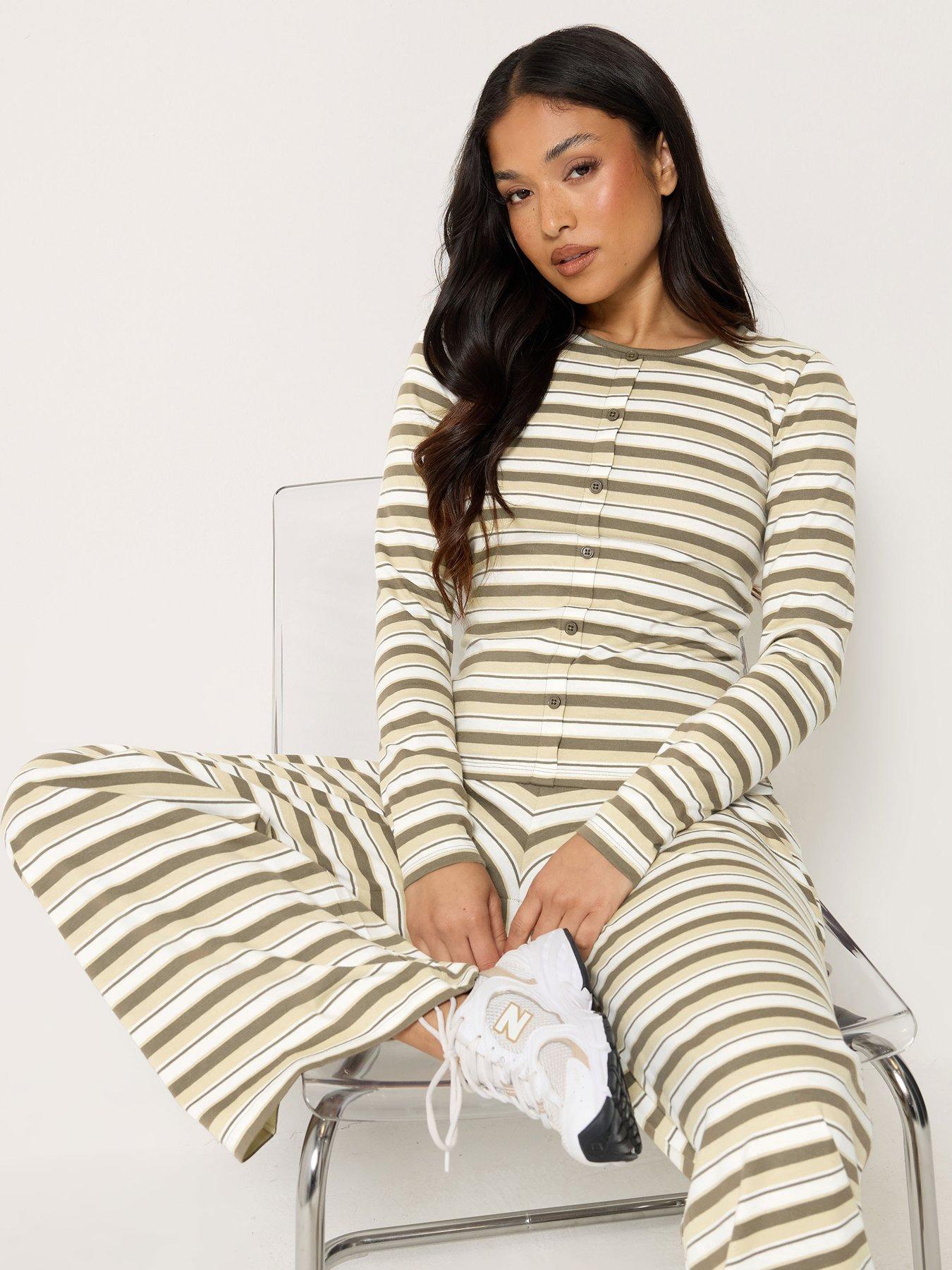 Image 3 of 4 of PixieGirl Petite Stripe Button Through Top and Trouser Set - Brown