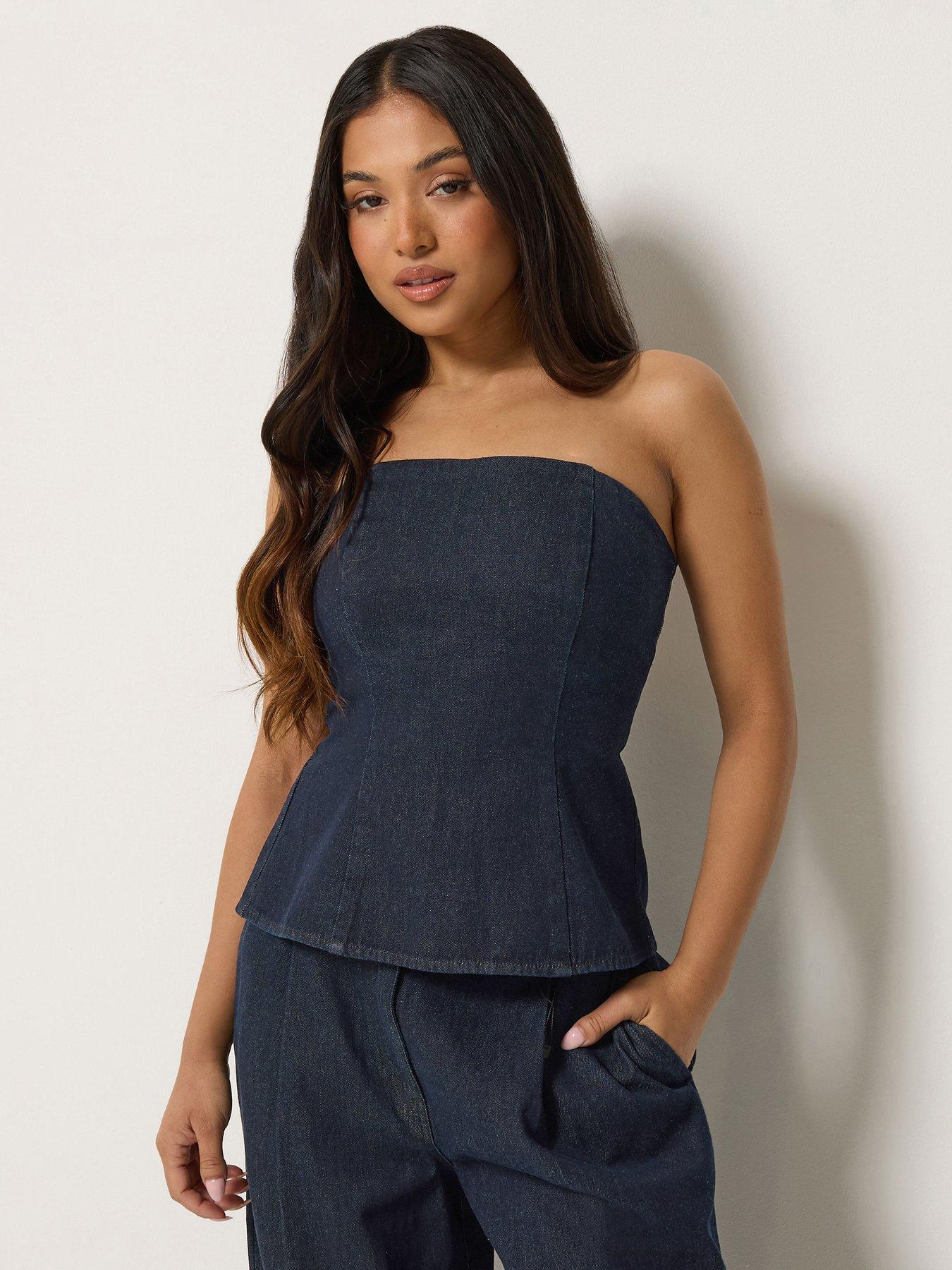 Image 1 of 4 of PixieGirl Petite Denim Bandeau Top - Dark Blue