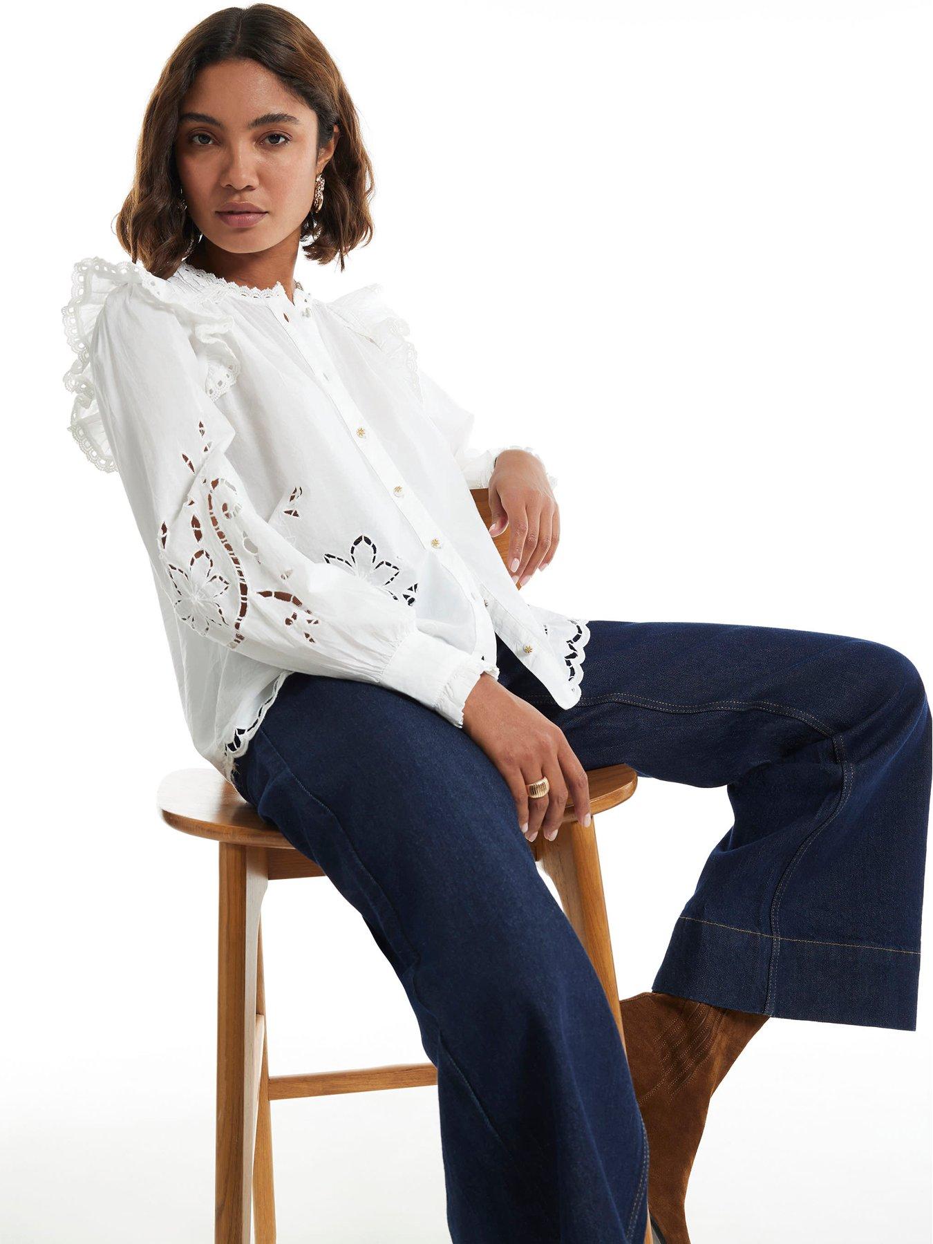 Image 1 of 6 of River Island Womens Cutwork Victorian Ruffle Neck Button-Through Blouse - White