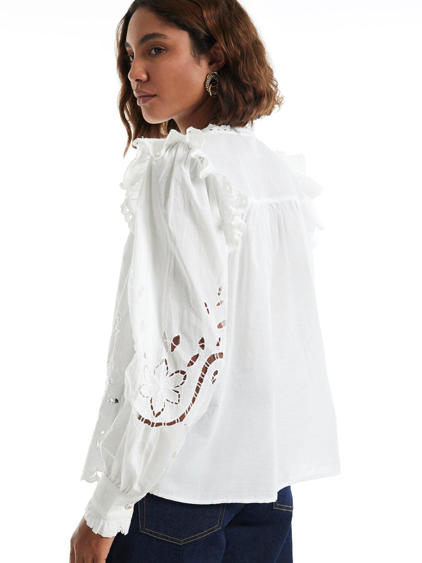 Image 2 of 6 of River Island Womens Cutwork Victorian Ruffle Neck Button-Through Blouse - White