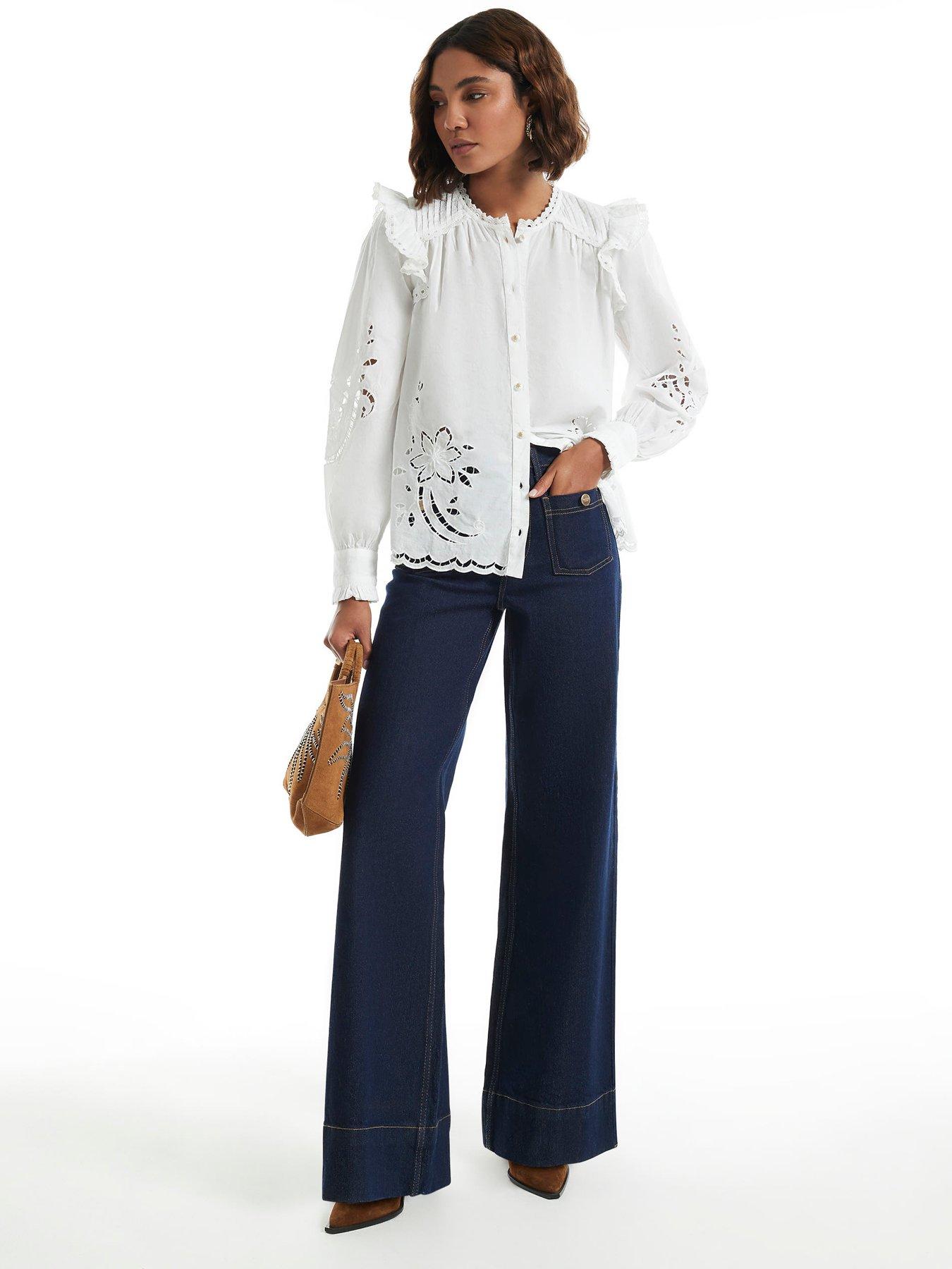 Image 3 of 6 of River Island Womens Cutwork Victorian Ruffle Neck Button-Through Blouse - White