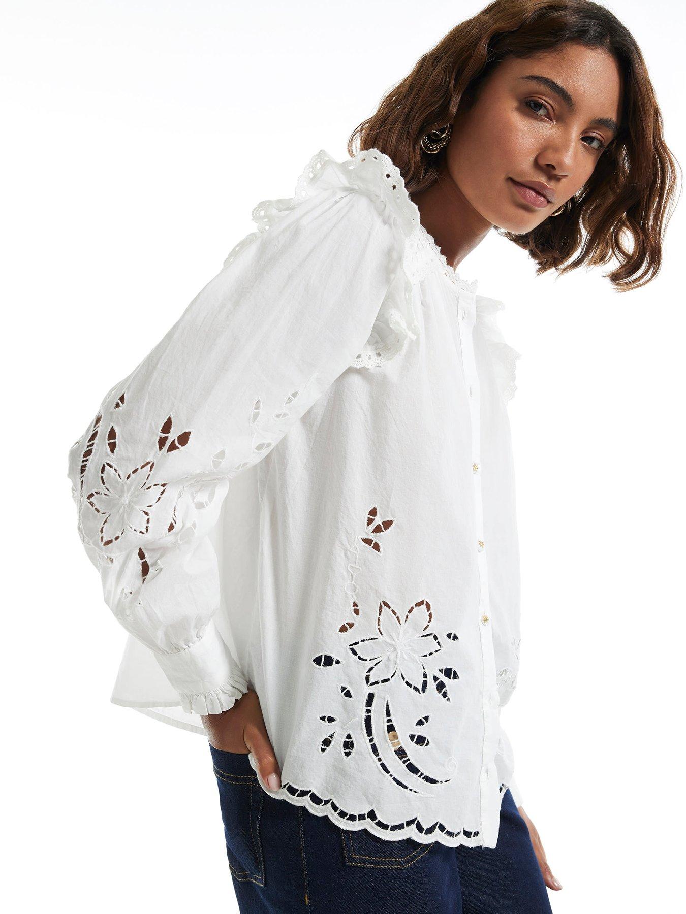 Image 4 of 6 of River Island Womens Cutwork Victorian Ruffle Neck Button-Through Blouse - White