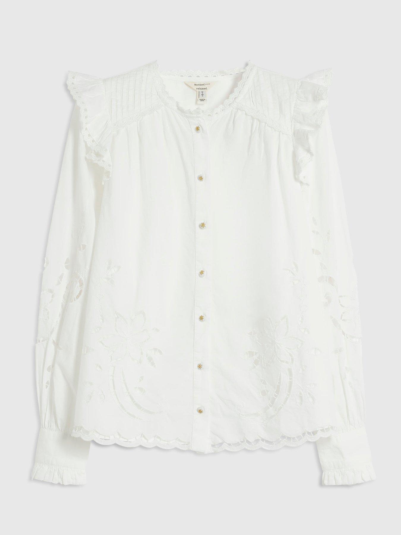 Image 6 of 6 of River Island Womens Cutwork Victorian Ruffle Neck Button-Through Blouse - White