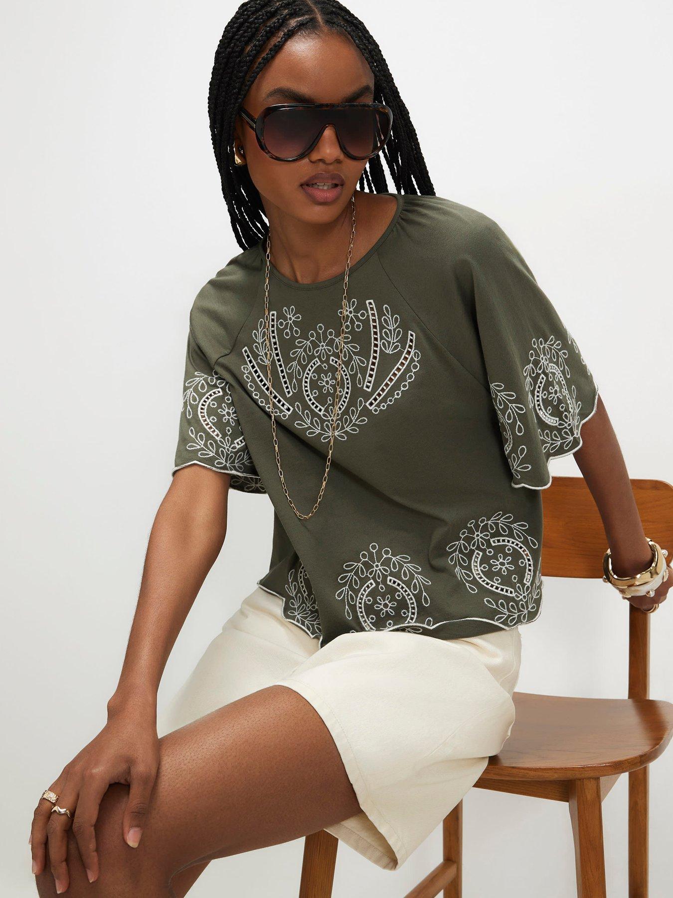 River Island Cotton Embroidered Cutwork T-Shirt - Green