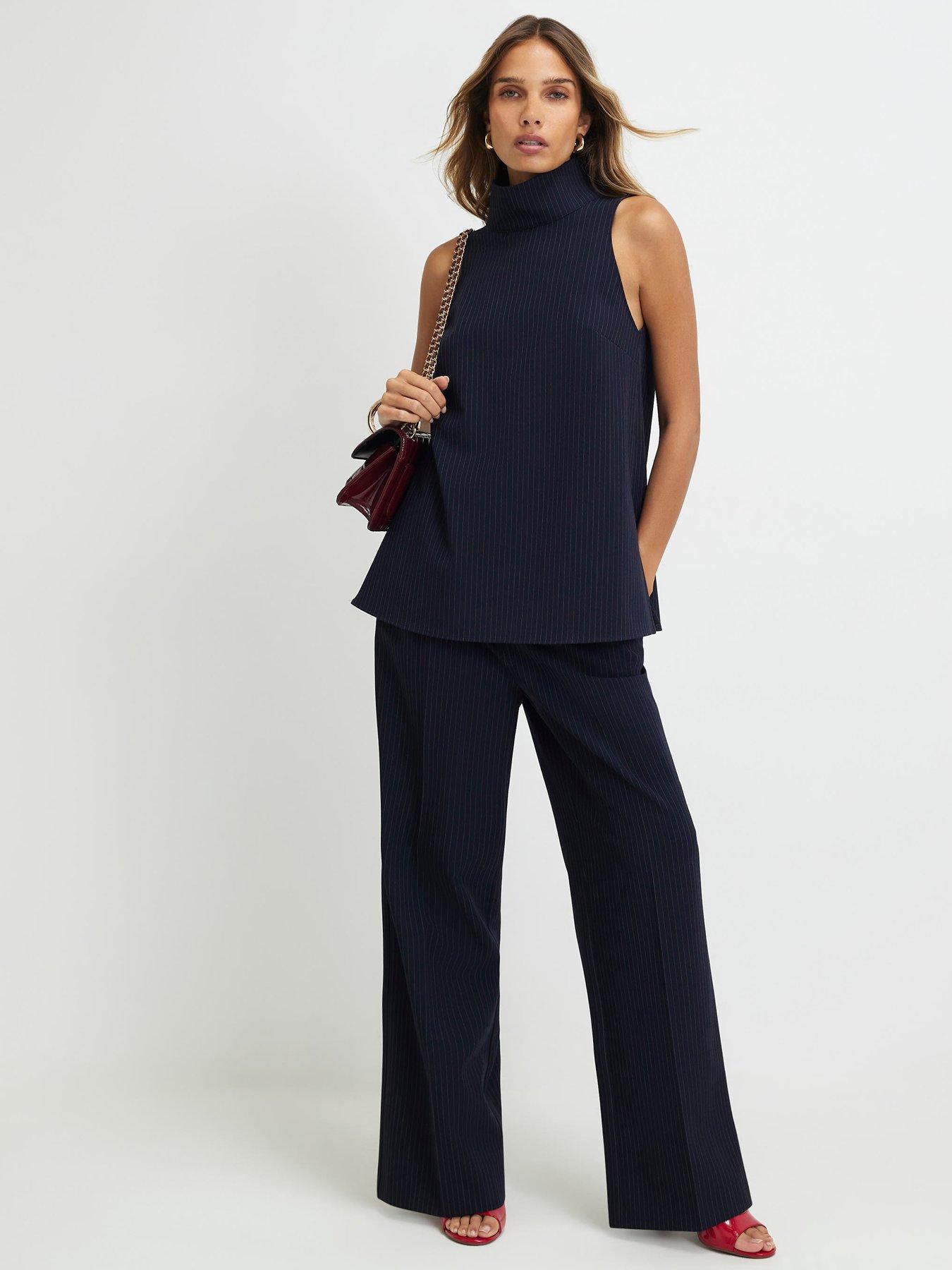 Image 3 of 6 of River Island Short High Neck Pinstripe Top - Blue