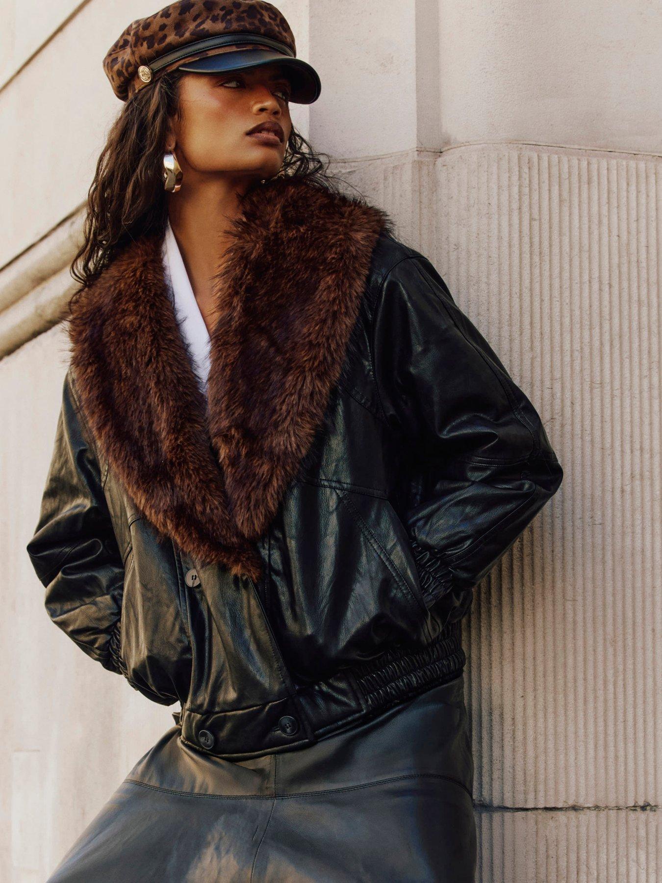 Image 1 of 6 of River Island Faux Fur Collar Faux Leather Jacket - Black