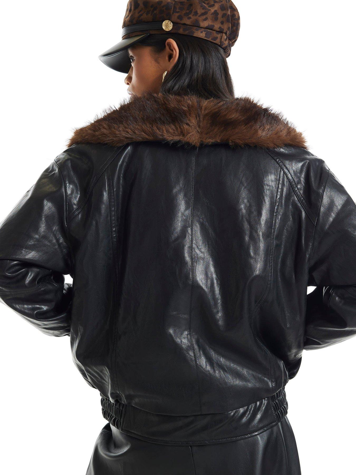 Image 2 of 6 of River Island Faux Fur Collar Faux Leather Jacket - Black
