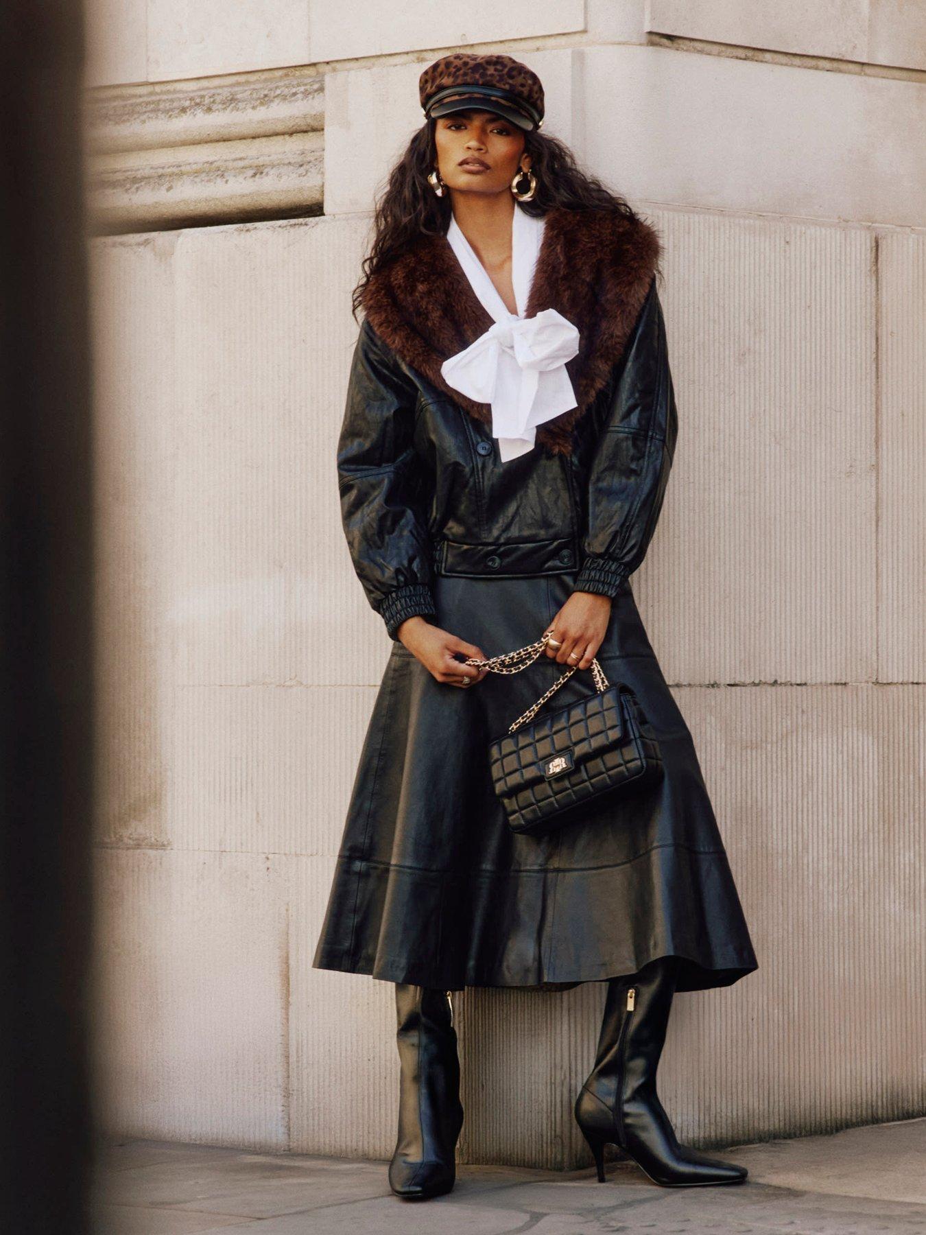 Image 3 of 6 of River Island Faux Fur Collar Faux Leather Jacket - Black