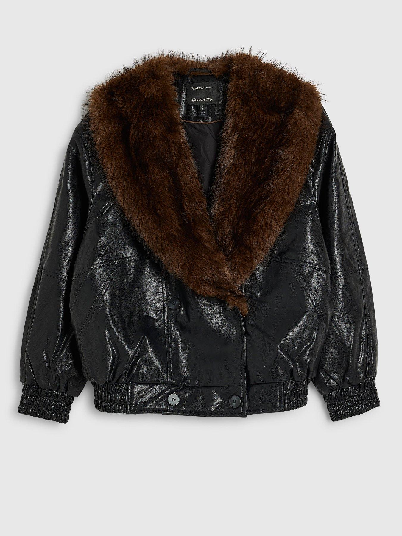 Image 5 of 6 of River Island Faux Fur Collar Faux Leather Jacket - Black