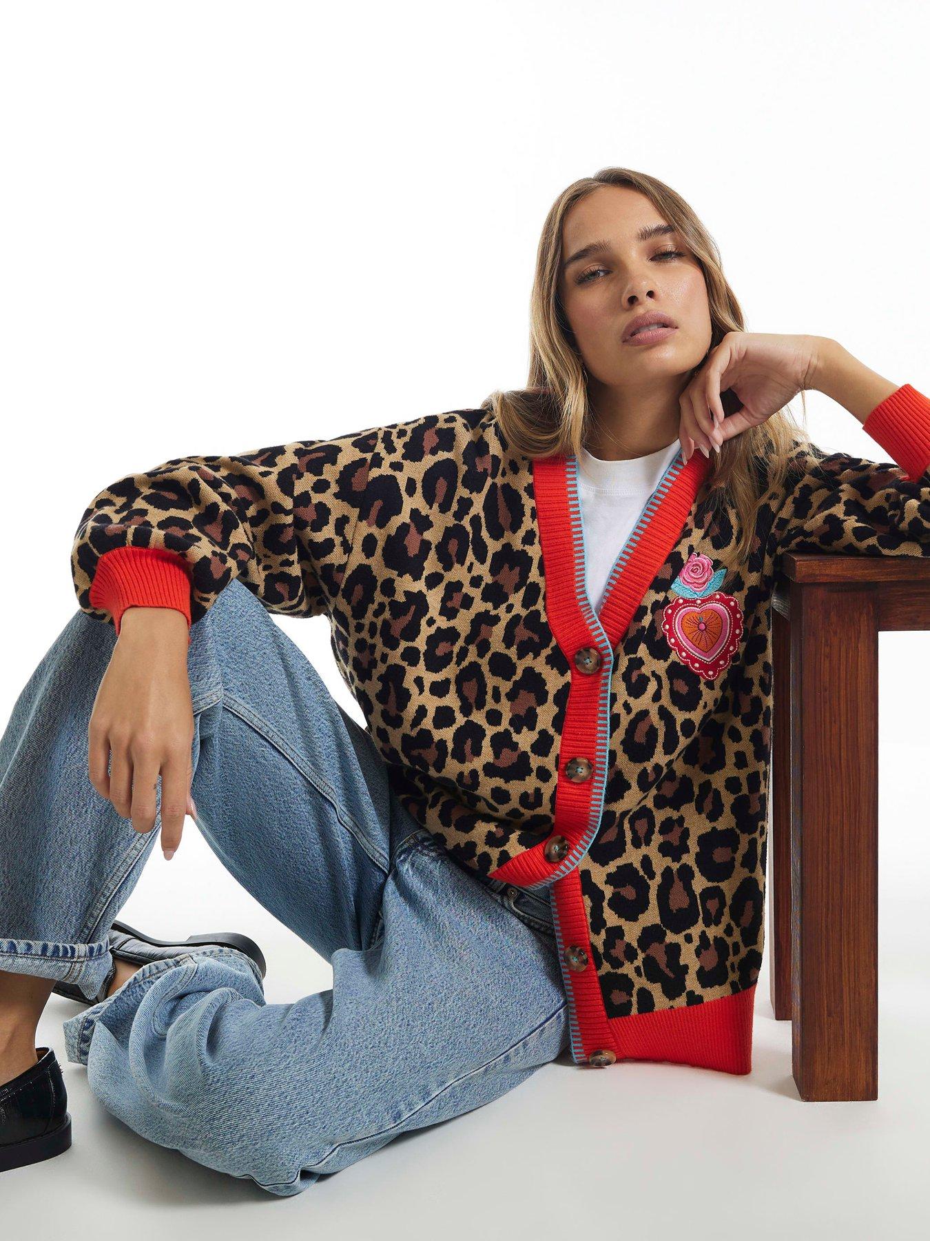 Image 1 of 6 of River Island Womens Leopard Print Button Front Badge Cardigan - Multi