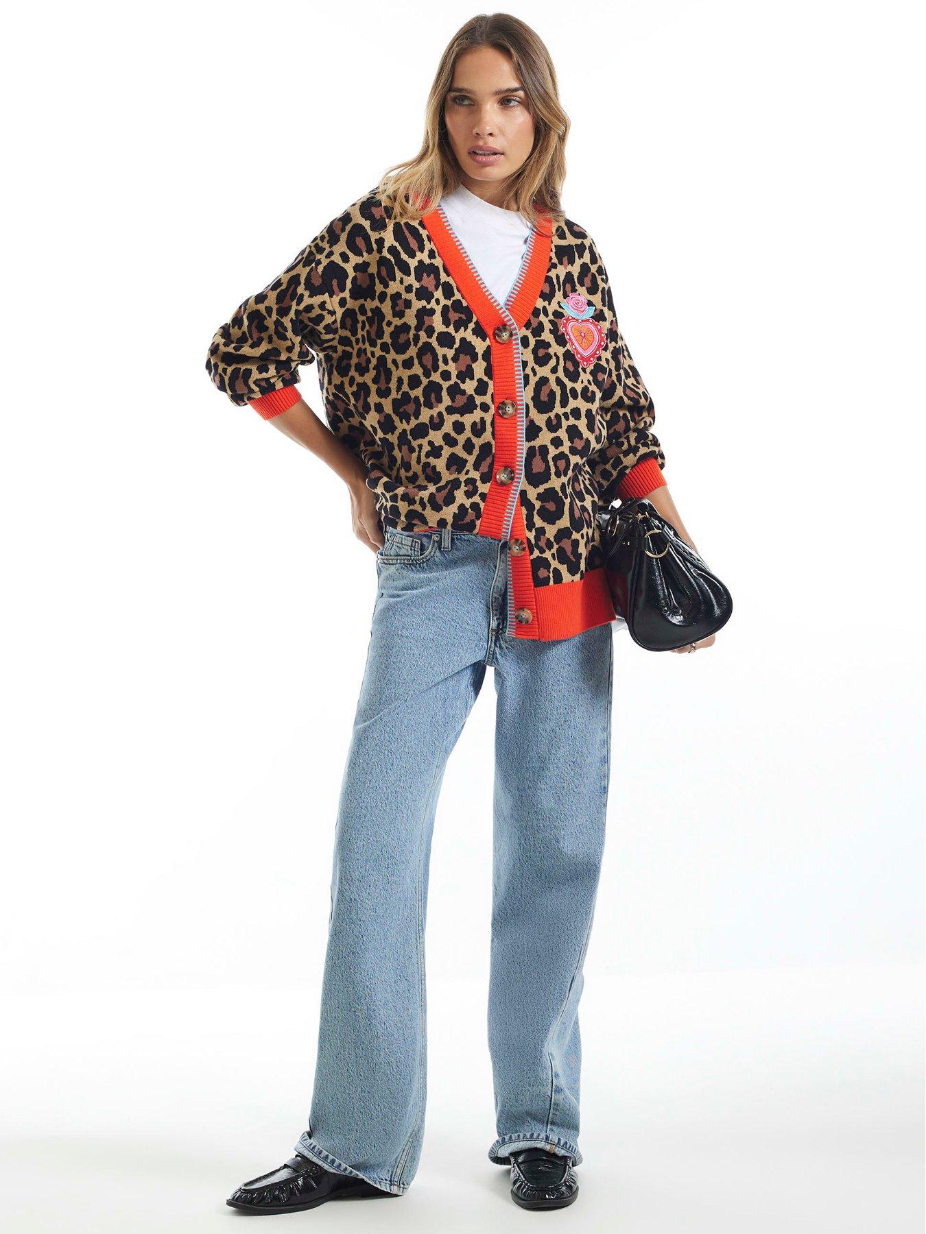 Image 3 of 6 of River Island Womens Leopard Print Button Front Badge Cardigan - Multi