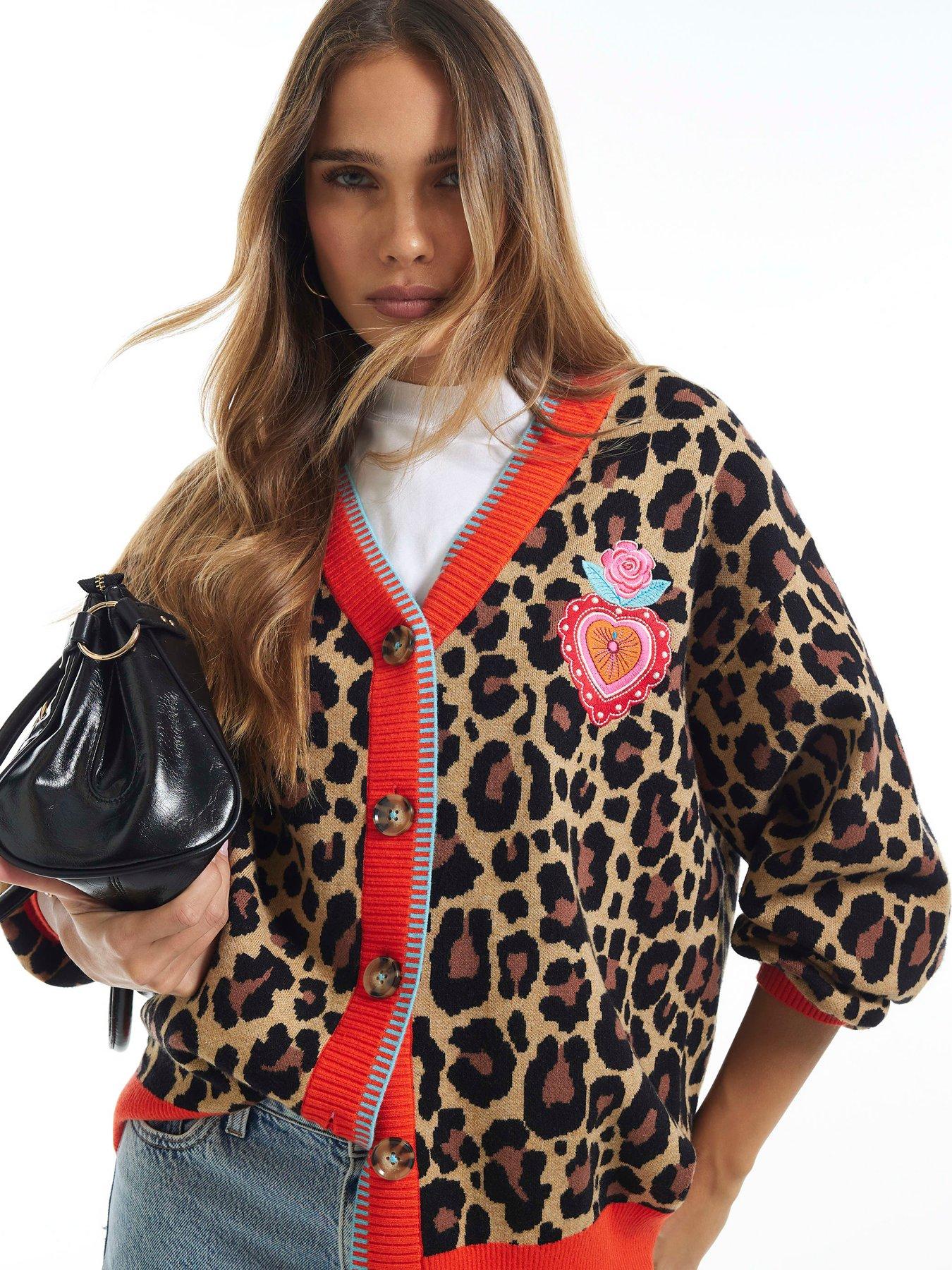 Image 4 of 6 of River Island Womens Leopard Print Button Front Badge Cardigan - Multi