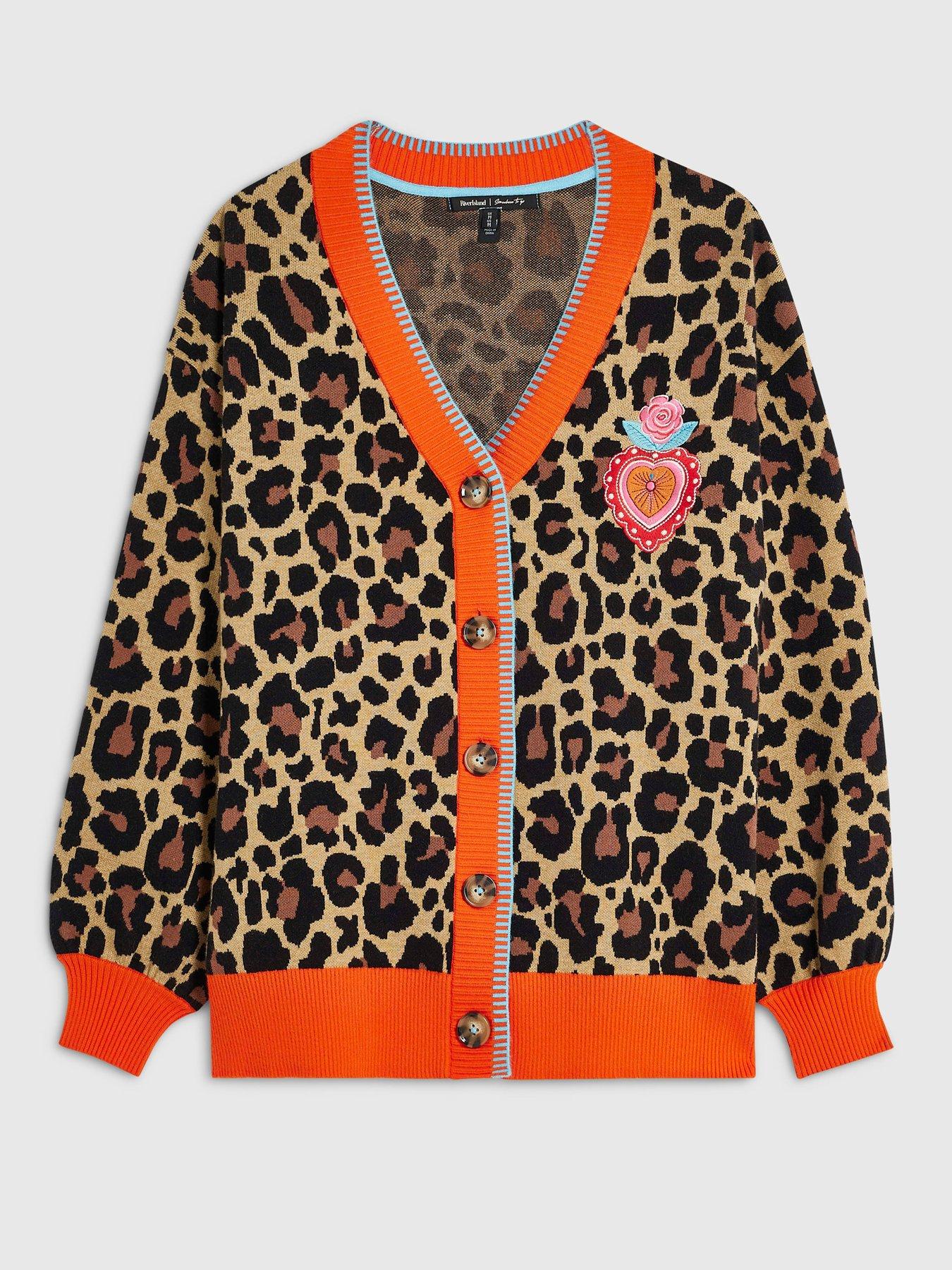 Image 6 of 6 of River Island Womens Leopard Print Button Front Badge Cardigan - Multi