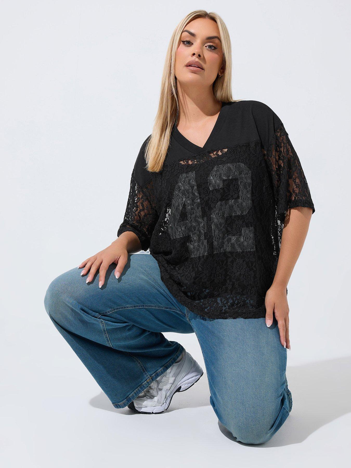 Yours Womens Plus Size Lace V-Neck Relaxed Blouse - Black