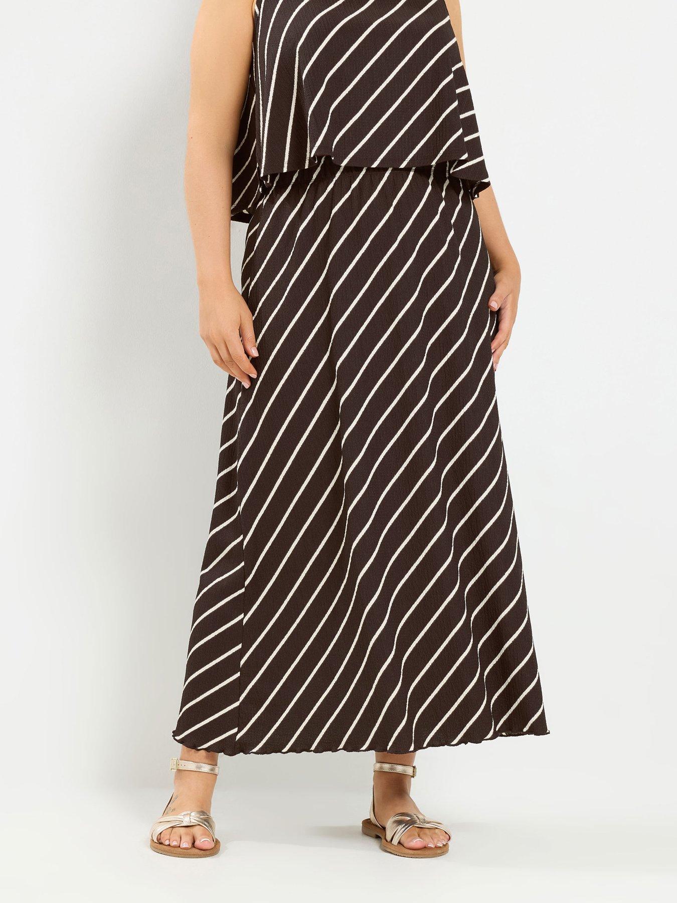 Yours Curve Textured Stripe Skirt - Chocolate Brown