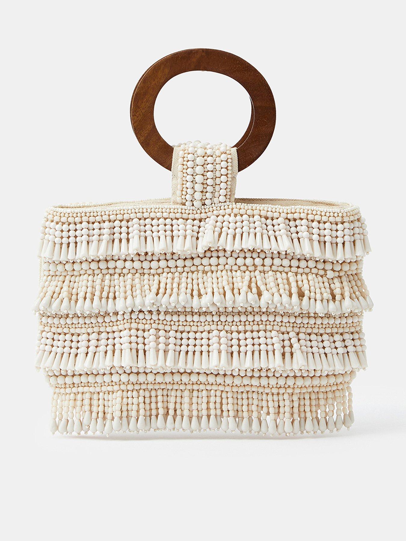 Image 1 of 5 of Accessorize Fringe Beaded Handheld Bag - Cream
