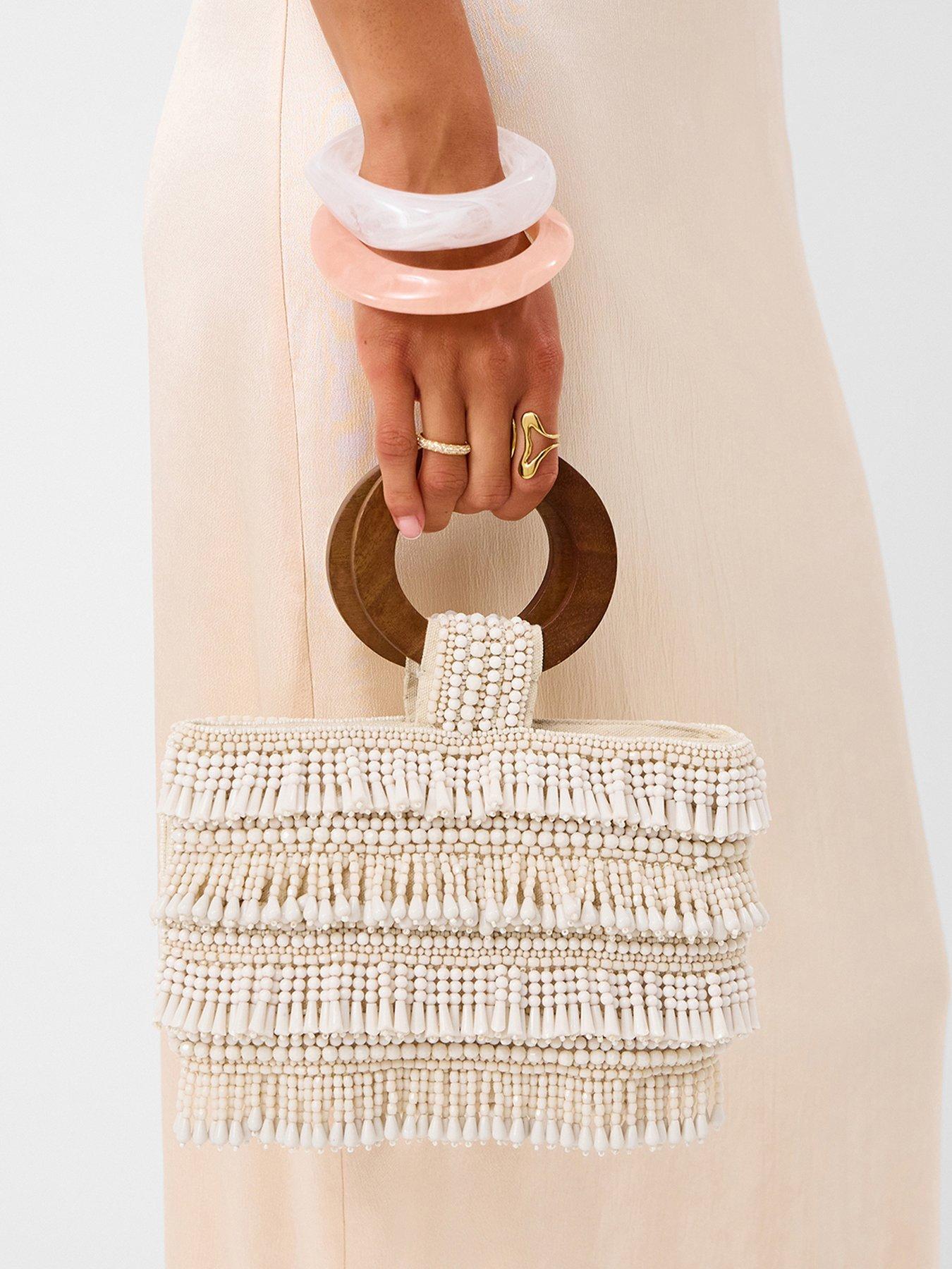Image 2 of 5 of Accessorize Fringe Beaded Handheld Bag - Cream