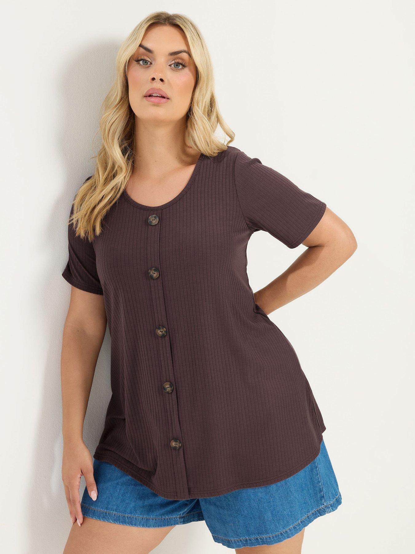 Image 1 of 4 of Yours Curve Rib Swing Button Front T-Shirt - Brown
