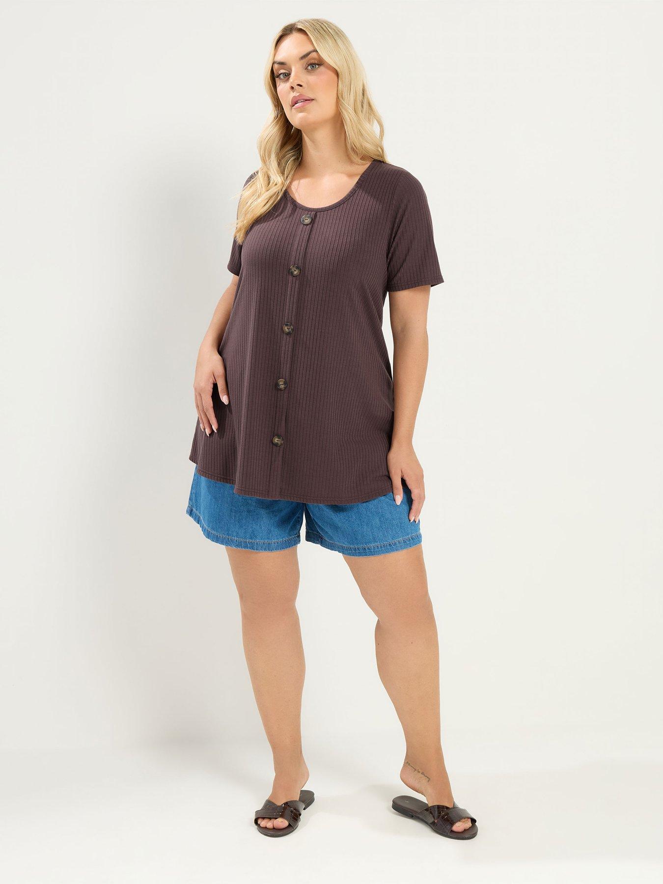 Image 3 of 4 of Yours Curve Rib Swing Button Front T-Shirt - Brown