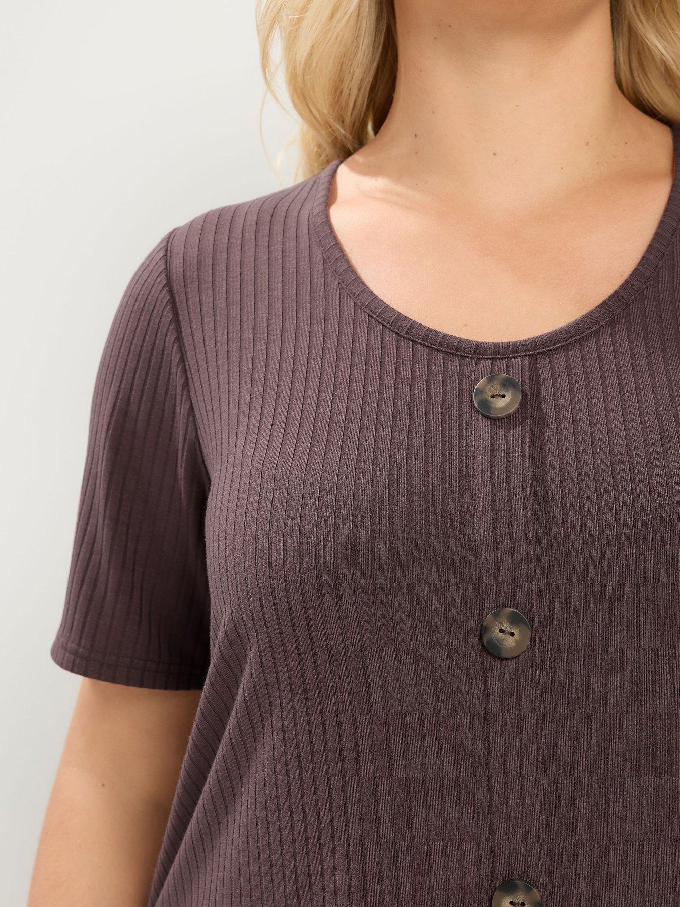 Image 4 of 4 of Yours Curve Rib Swing Button Front T-Shirt - Brown