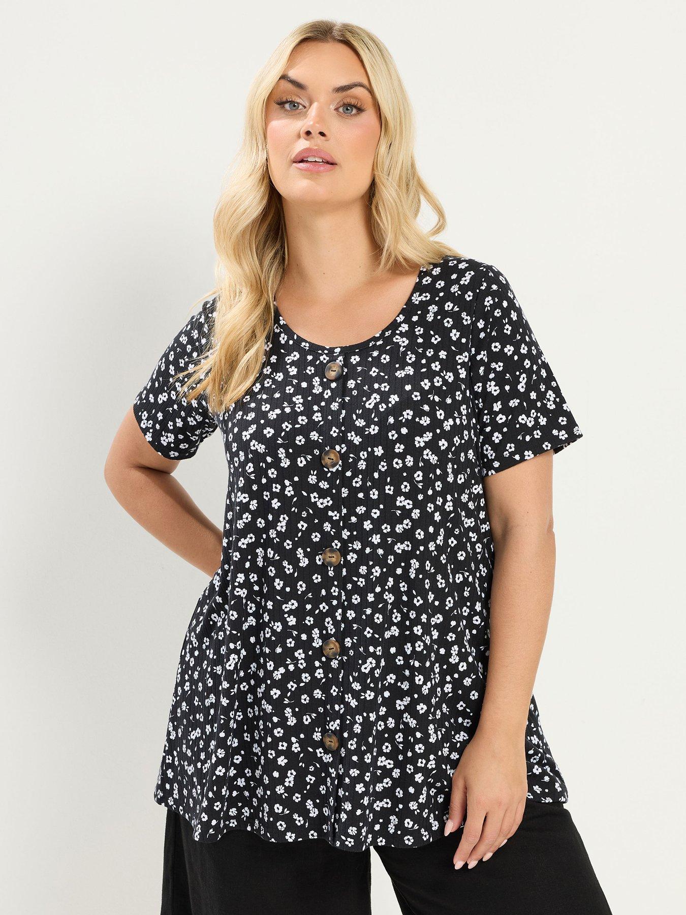 Yours Curve Swing Ditsy Floral Ribbed T-Shirt - Black