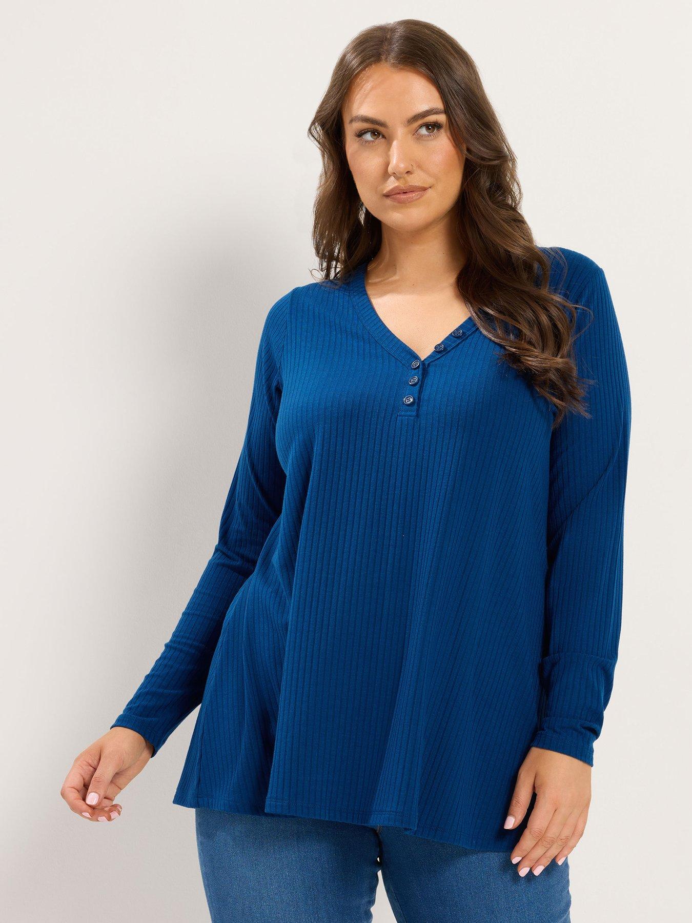 Yours Curve Henley Rib Swing Top - Blue