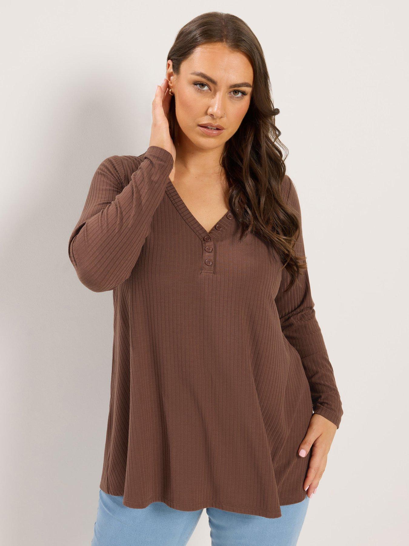 Image 1 of 4 of Yours Curve Henley Swing Top - Brown