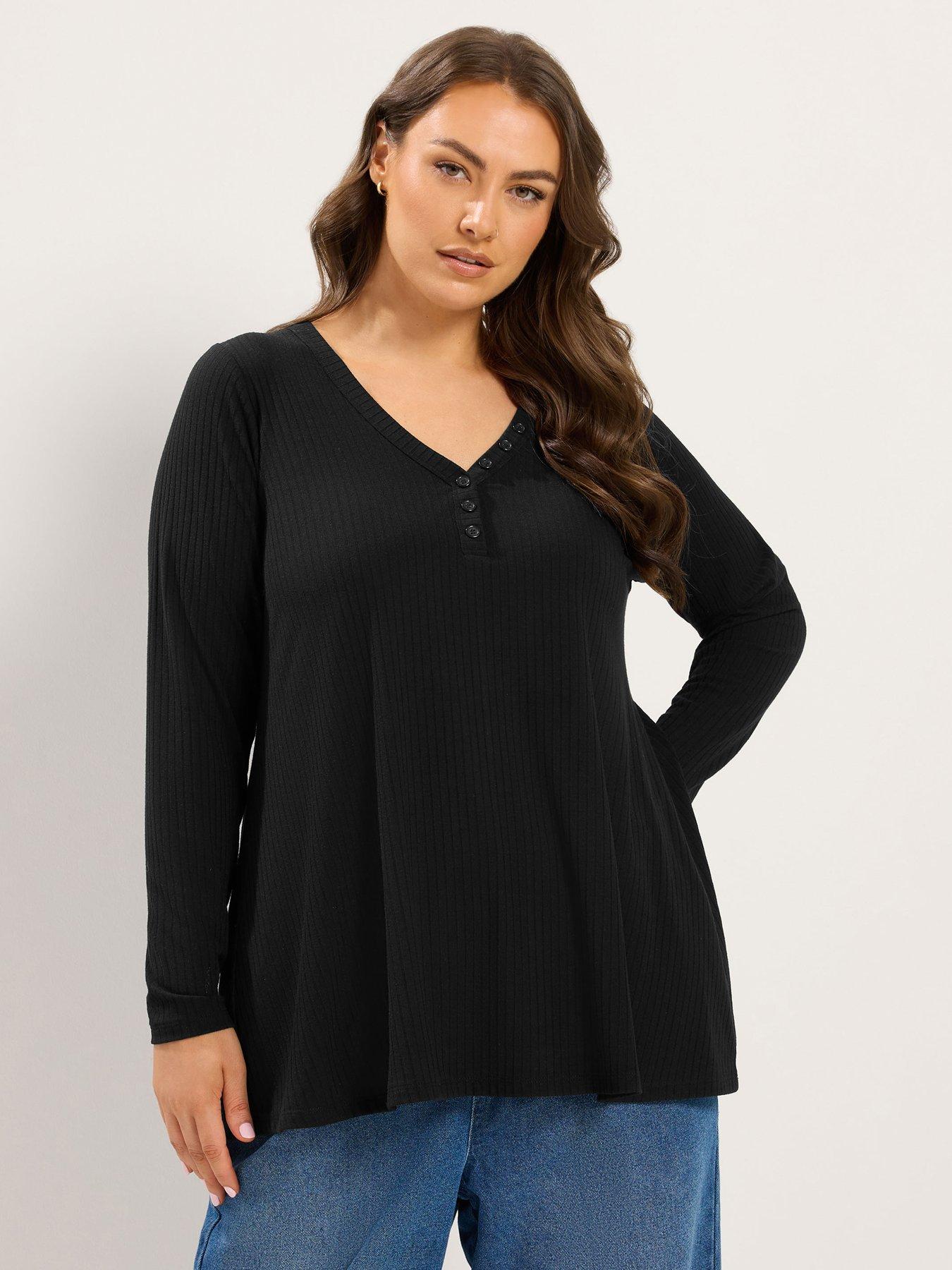 Yours Curve Henley Rib Swing Top - Black