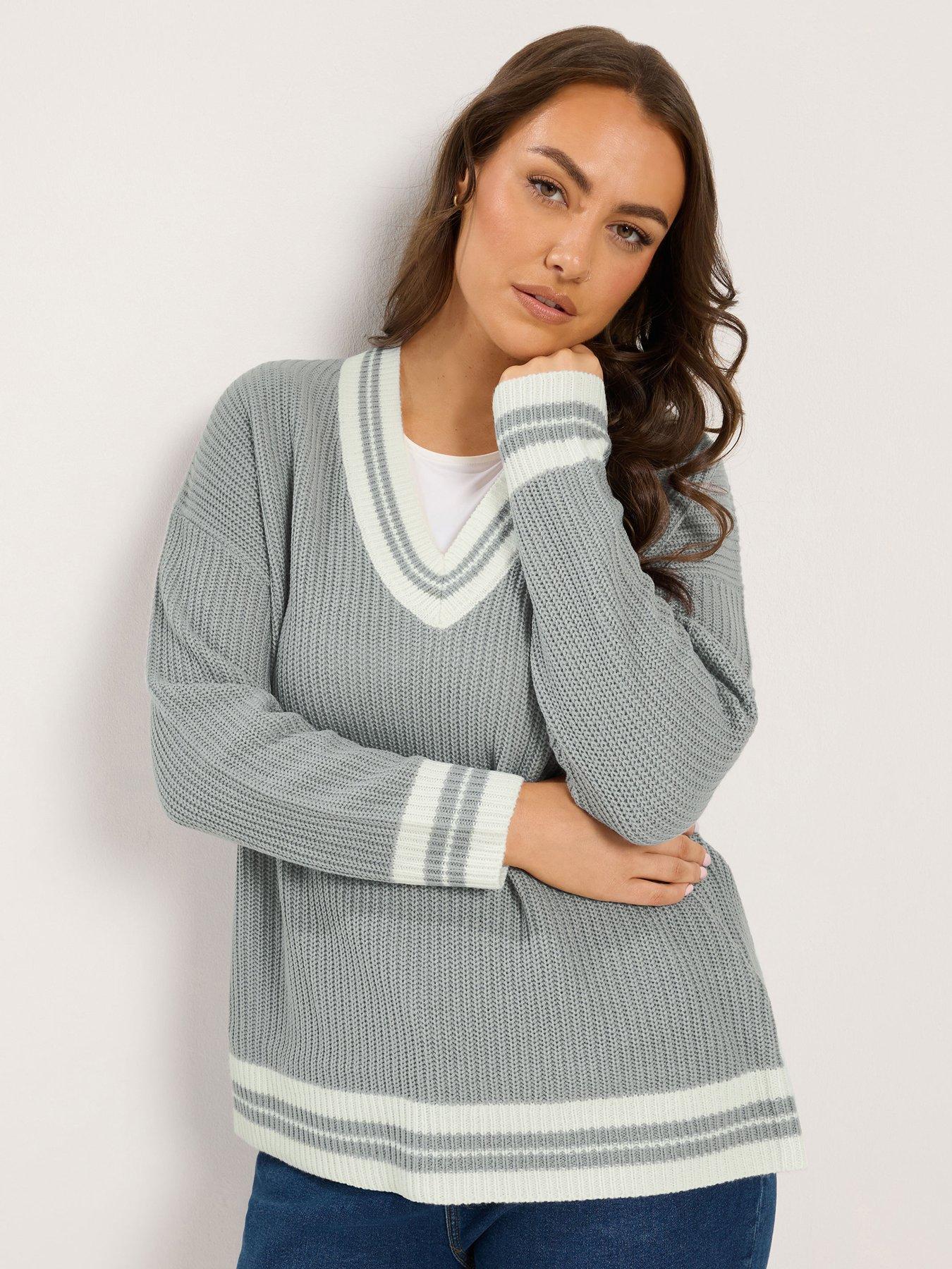 Yours Curve Knitted Tennis Jumper - Grey/White