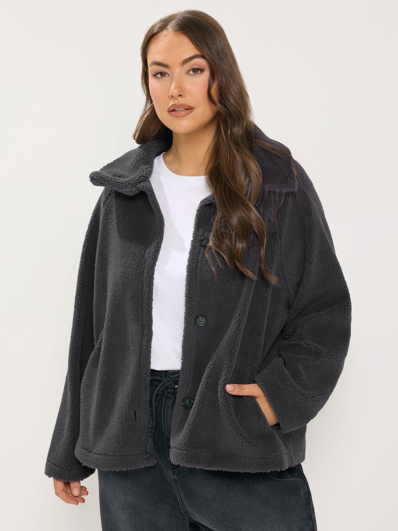 Yours Curve Funnel Neck Borg Jacket - Grey