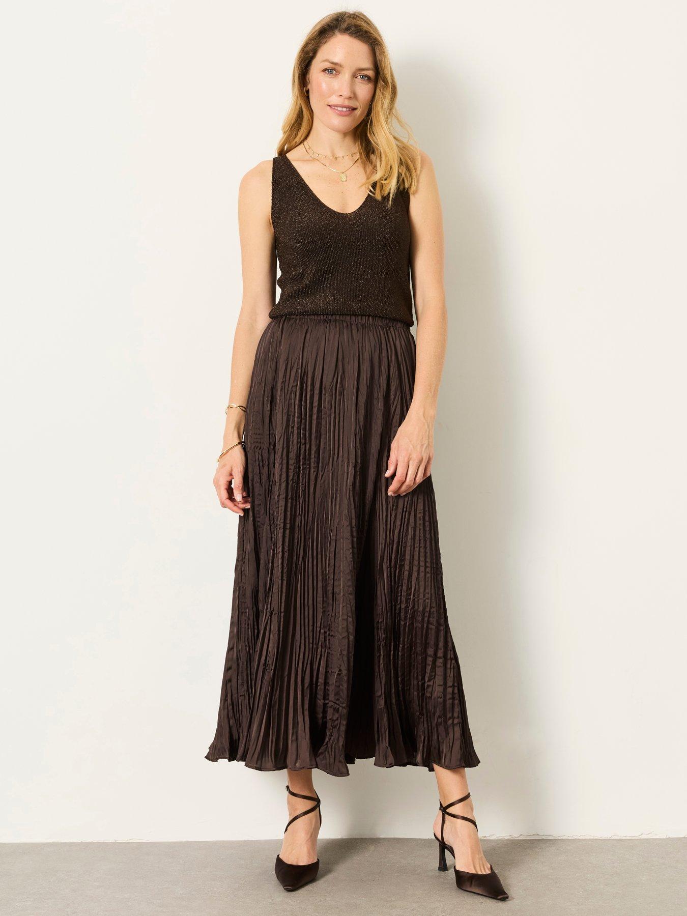 FatFace Women's Coco Pleated Crinkle Midi Skirt - Brown