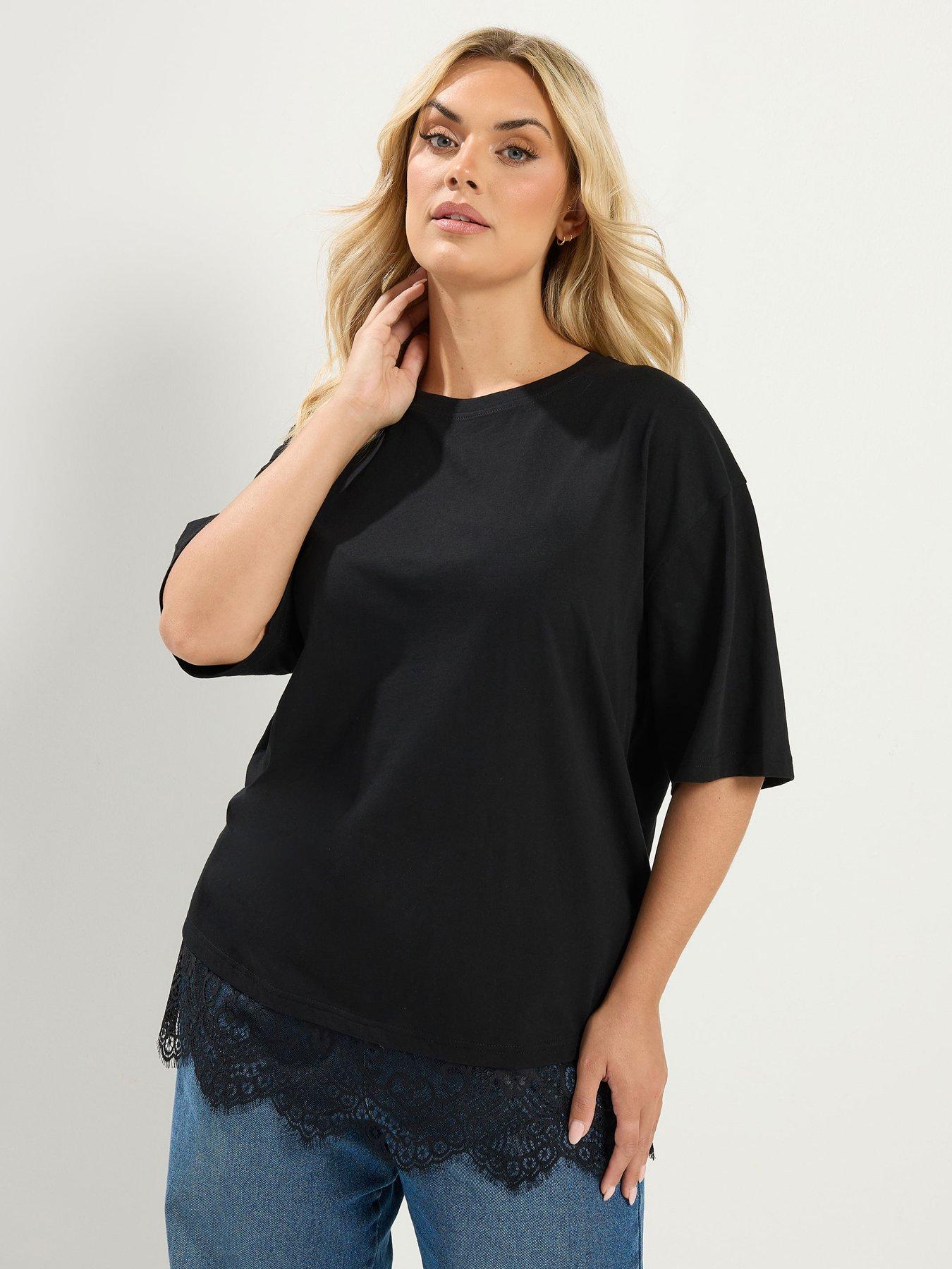 Yours Curve Lace Hem T-Shirt - Black