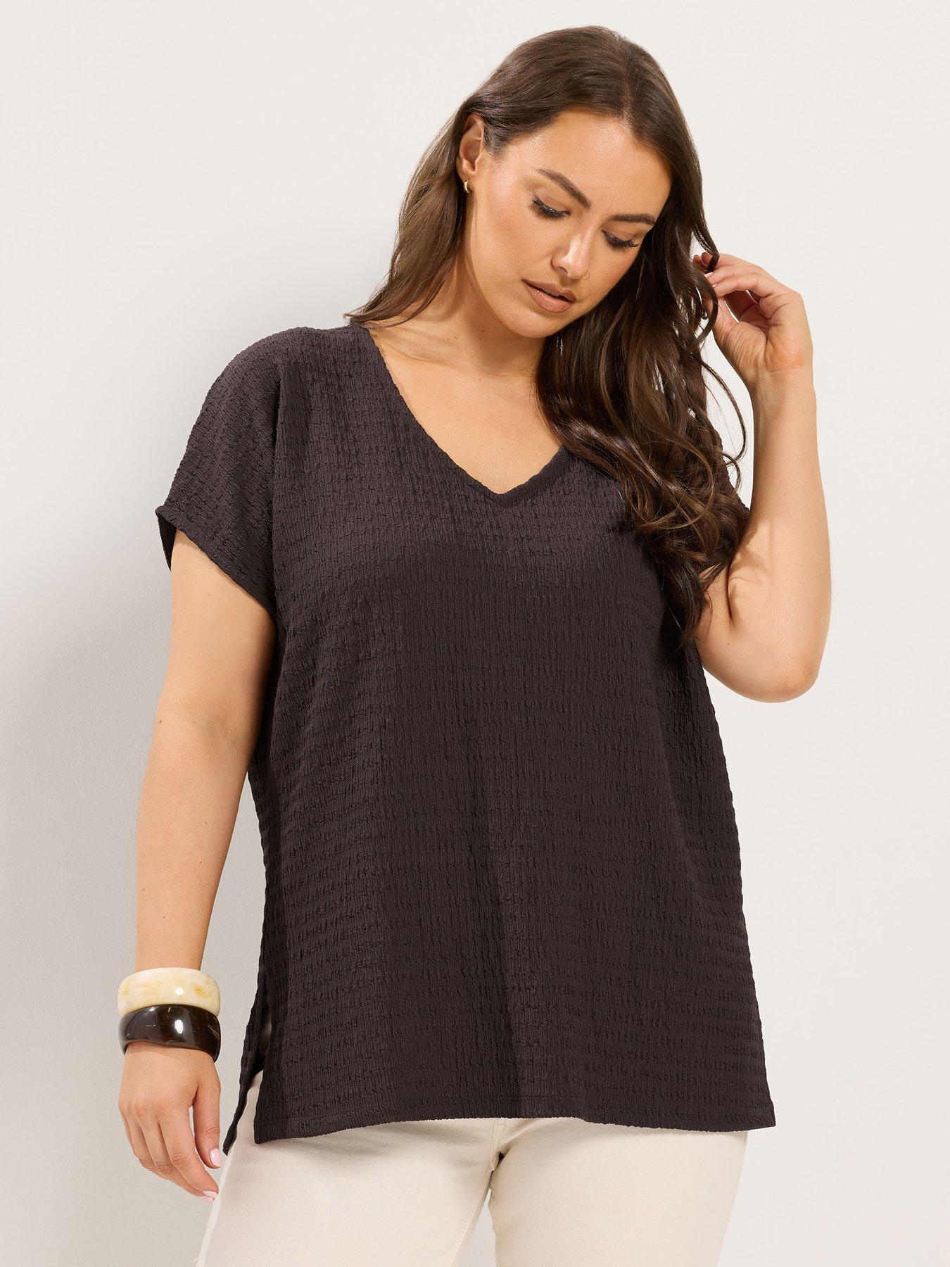 Yours Curve Textured Grown On Sleeve T-Shirt - Brown