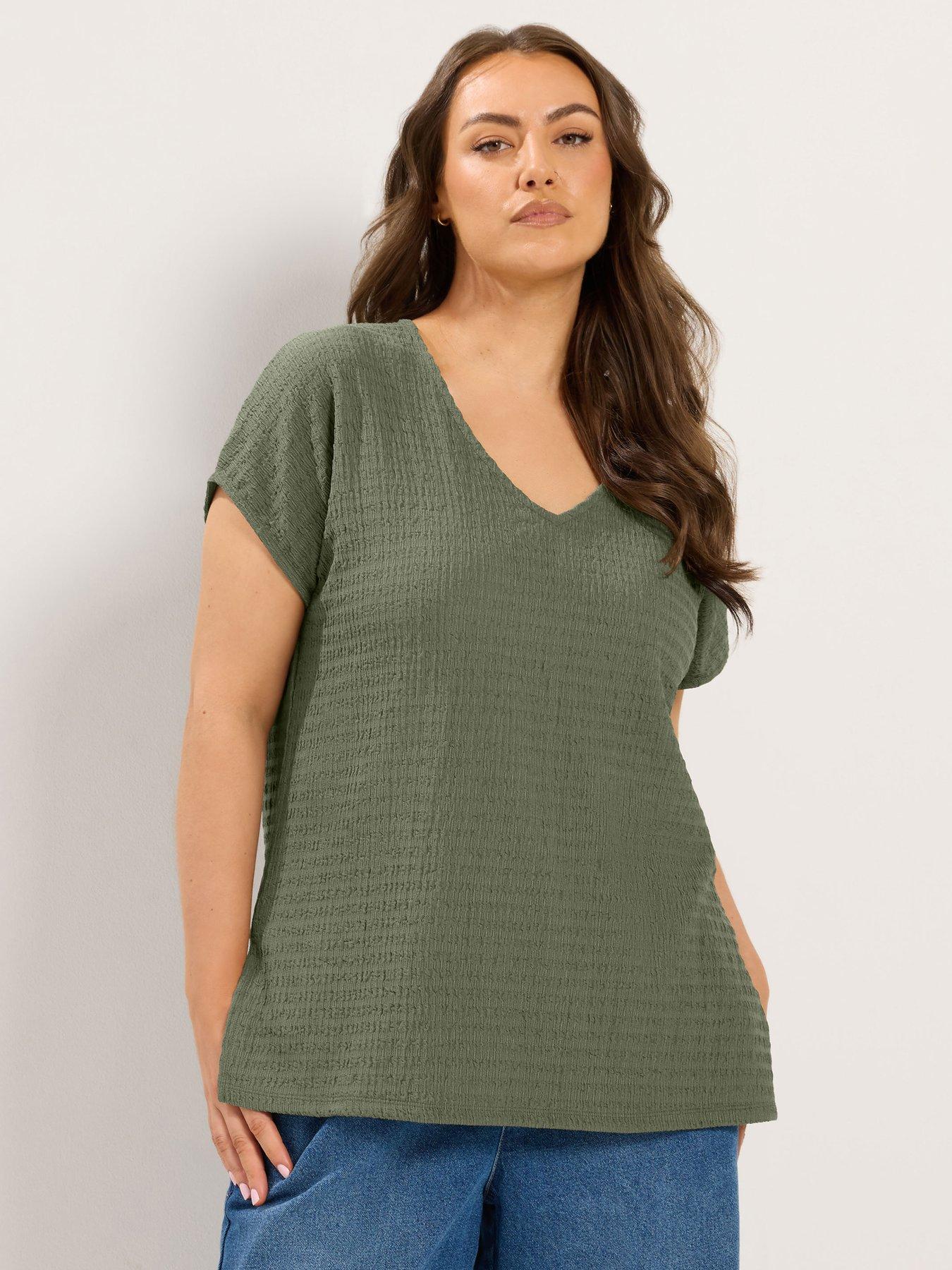 Yours Curve Textured Grown On Sleeve T-Shirt - Green