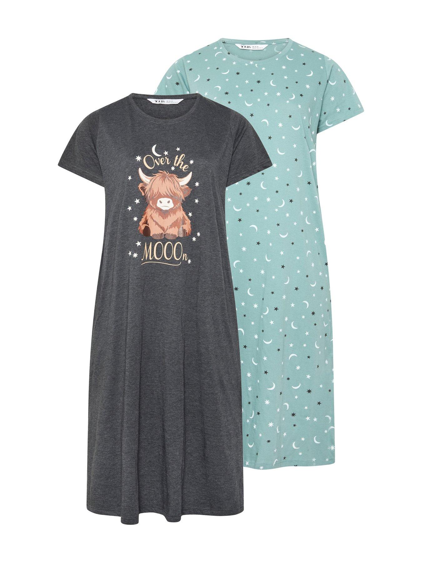 Yours Curve 2 Pack Highland Cow Midaxi Nightdress - Grey/Sage