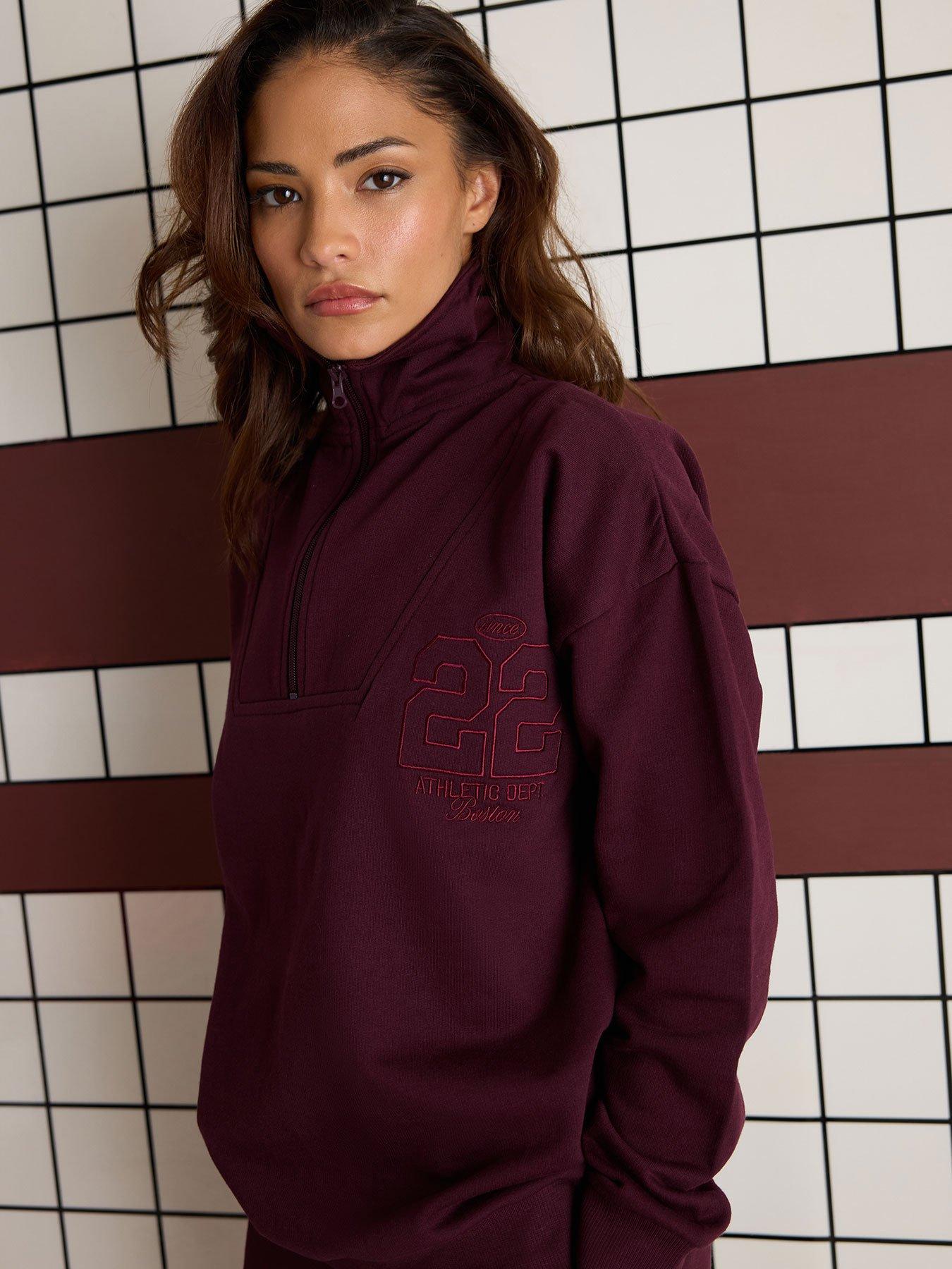 PixieGirl Petite Embroidered '22' Slogan Funnel Neck Sweatshirt - Dark Red