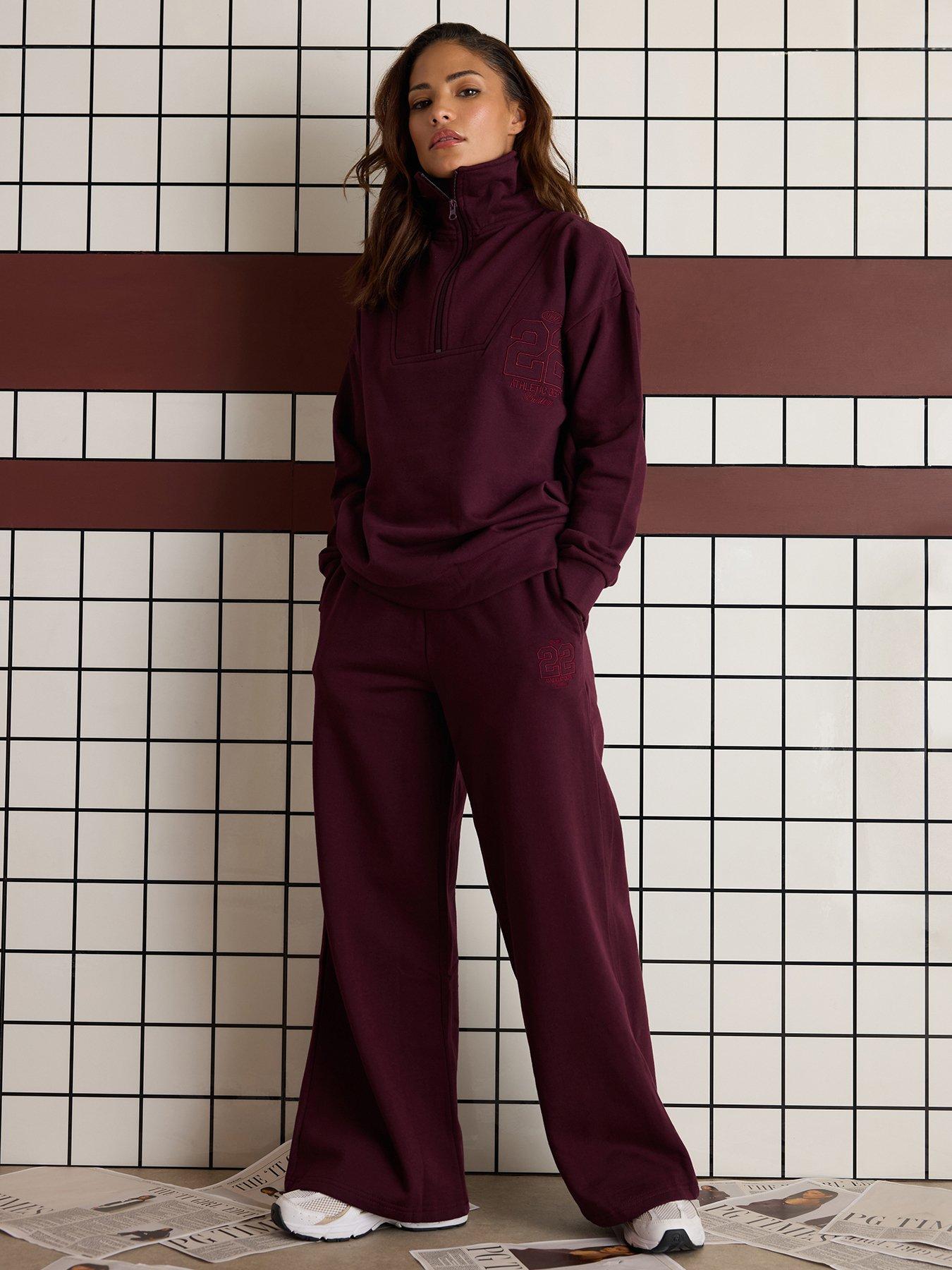 PixieGirl Petite Embroidered '22' Slogan Wide Leg Joggers - Dark Red