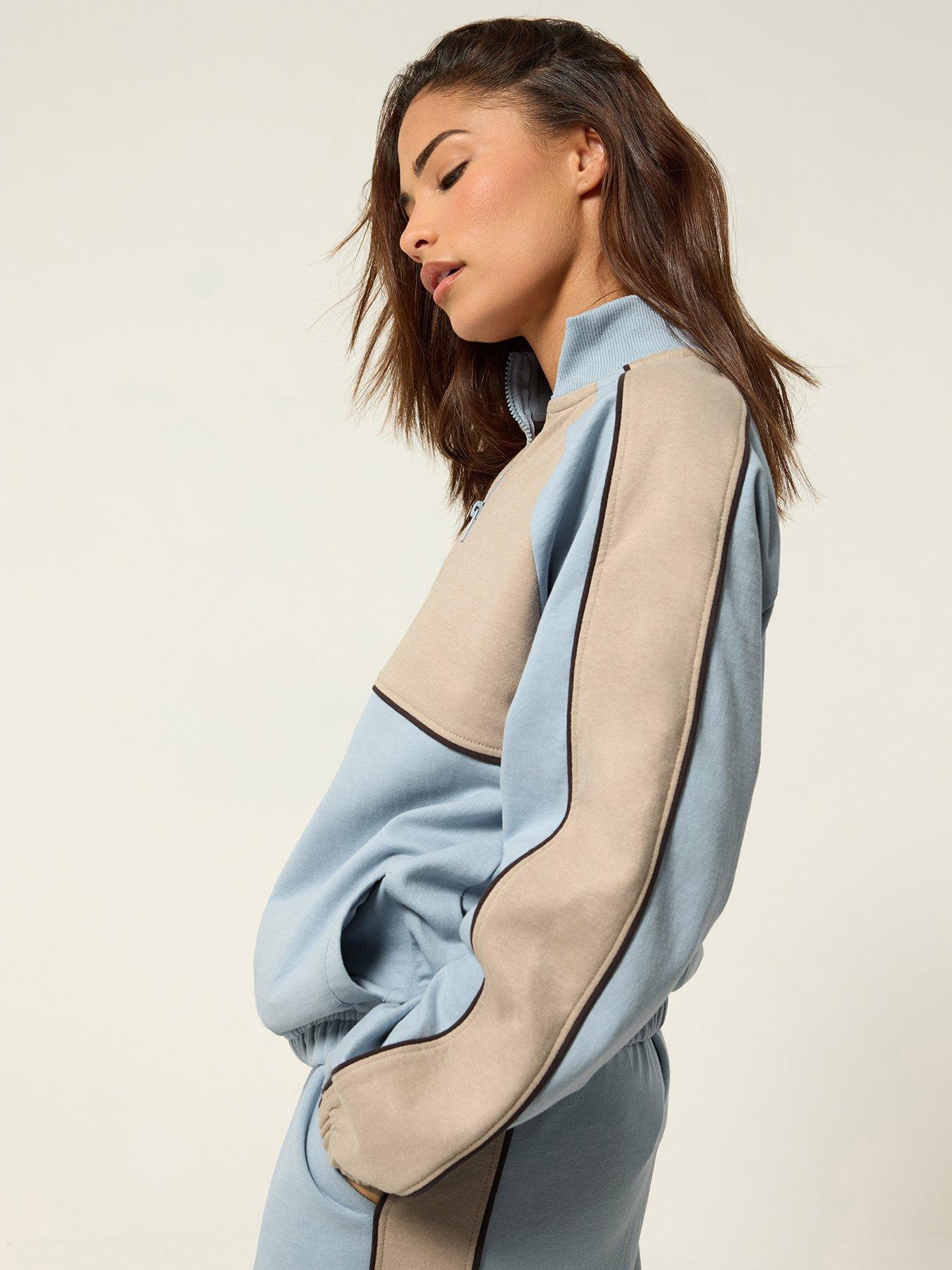 PixieGirl Petite Colour Block Zip Sweatshirt - Blue/Brown