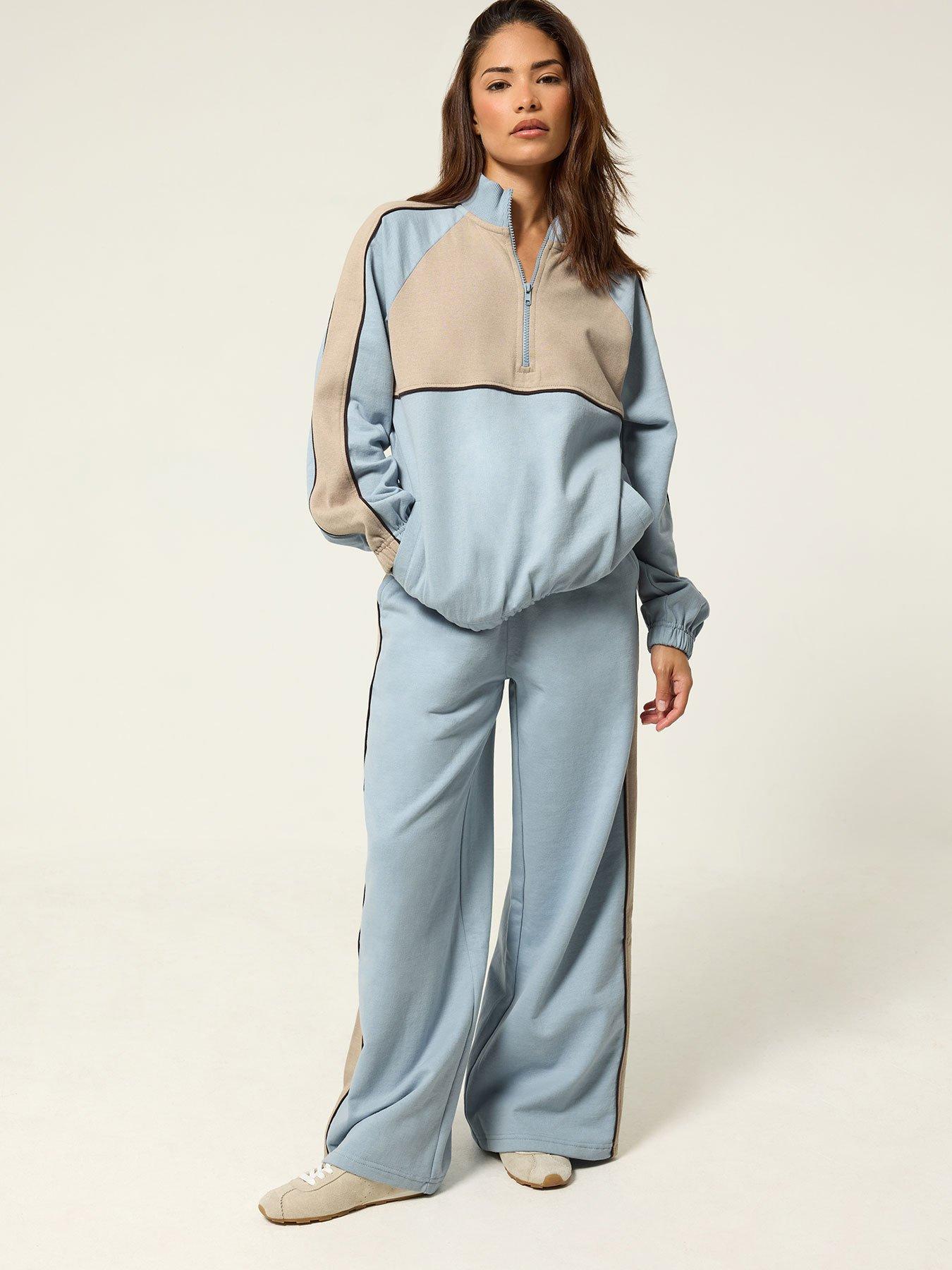 PixieGirl Petite Colourblock Wide Leg Joggers - Blue/Brown