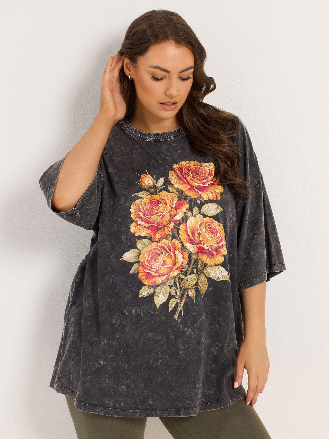 Yours YOURS Curve Grey Acid Wash Rose Boxy T-Shirt - Grey