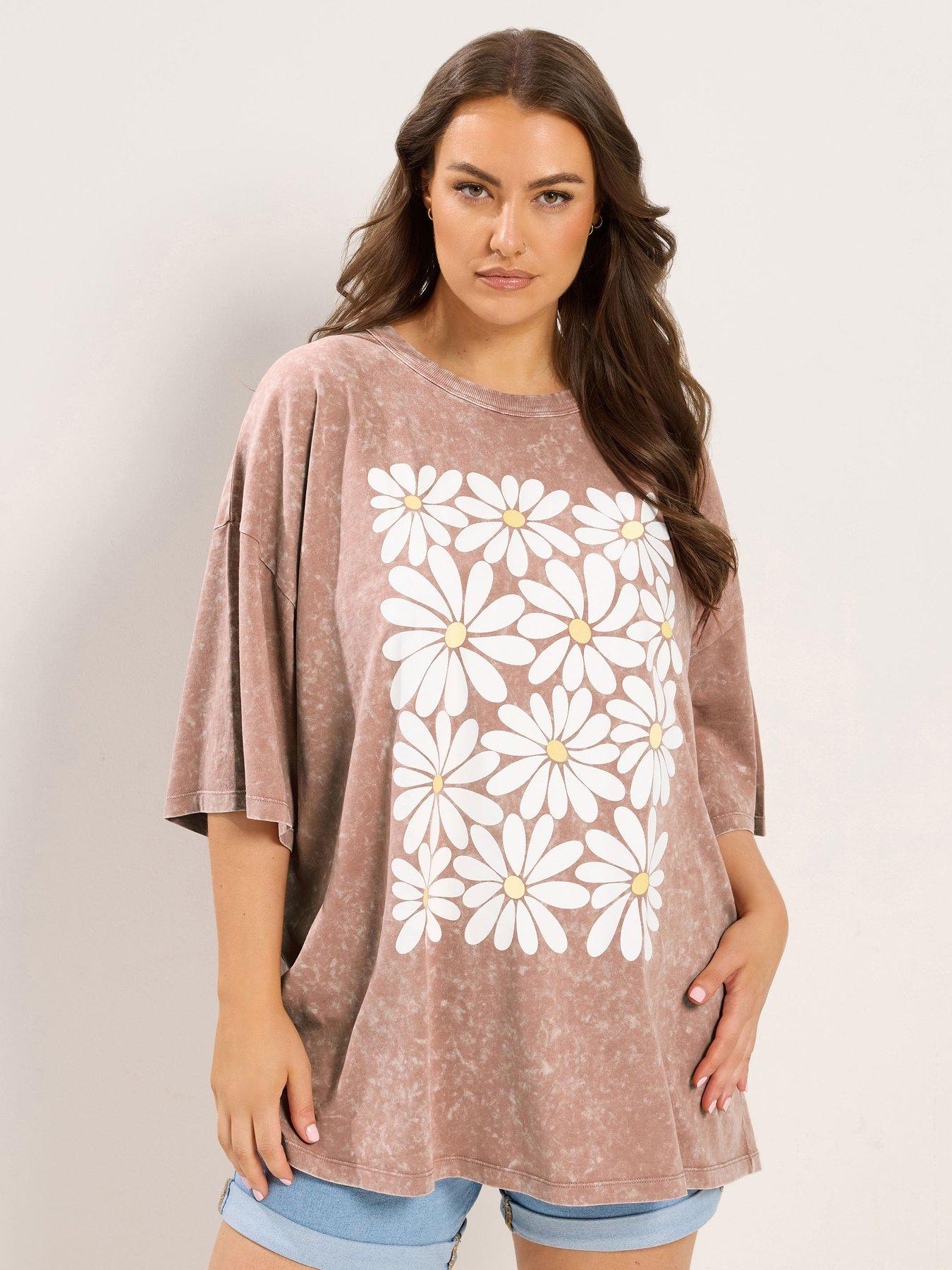 Yours Curve Acid Wash Boxy Daisy Print T-Shirt - Pink