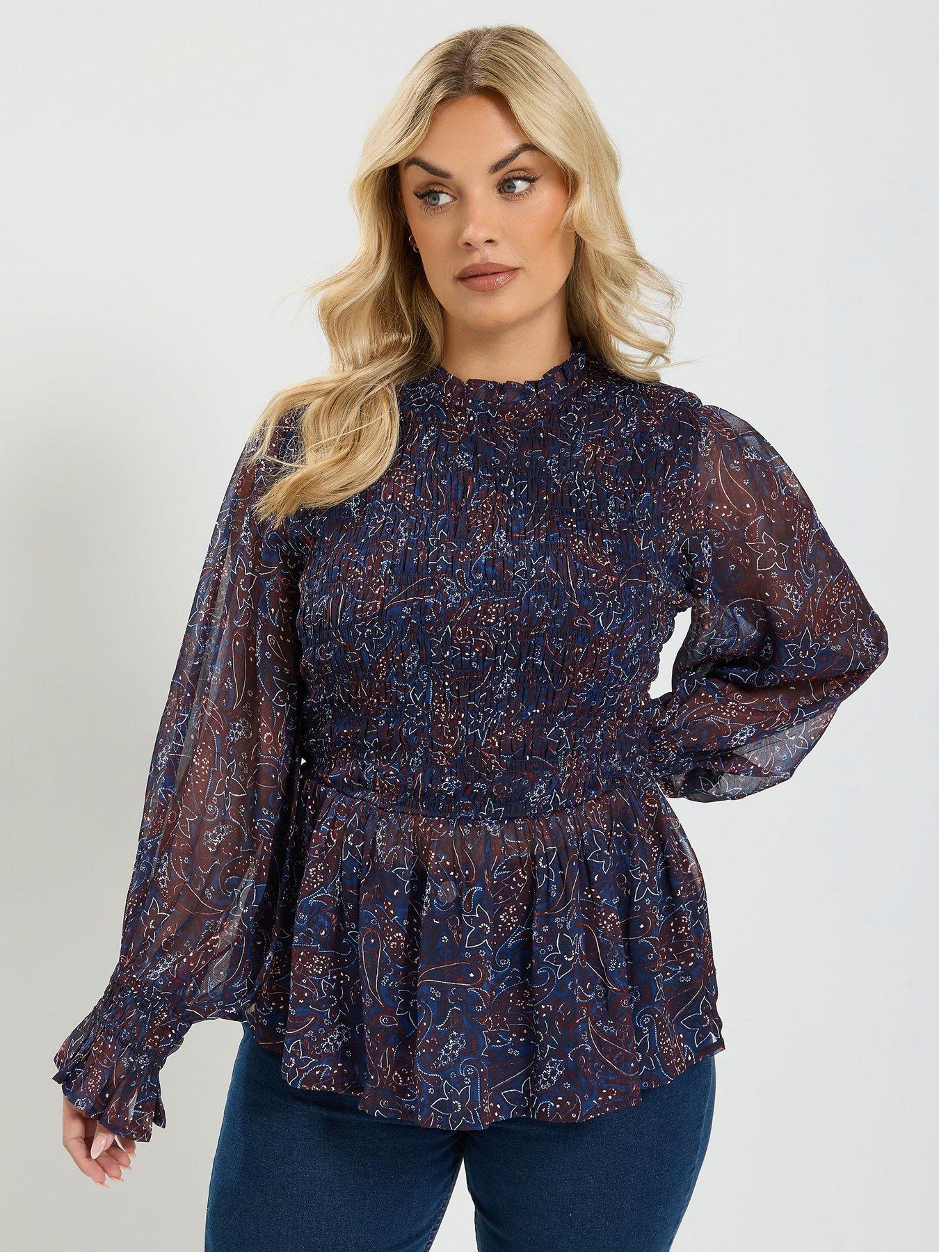 Yours Curve Ruched Sleeve Top - Brown/Blue