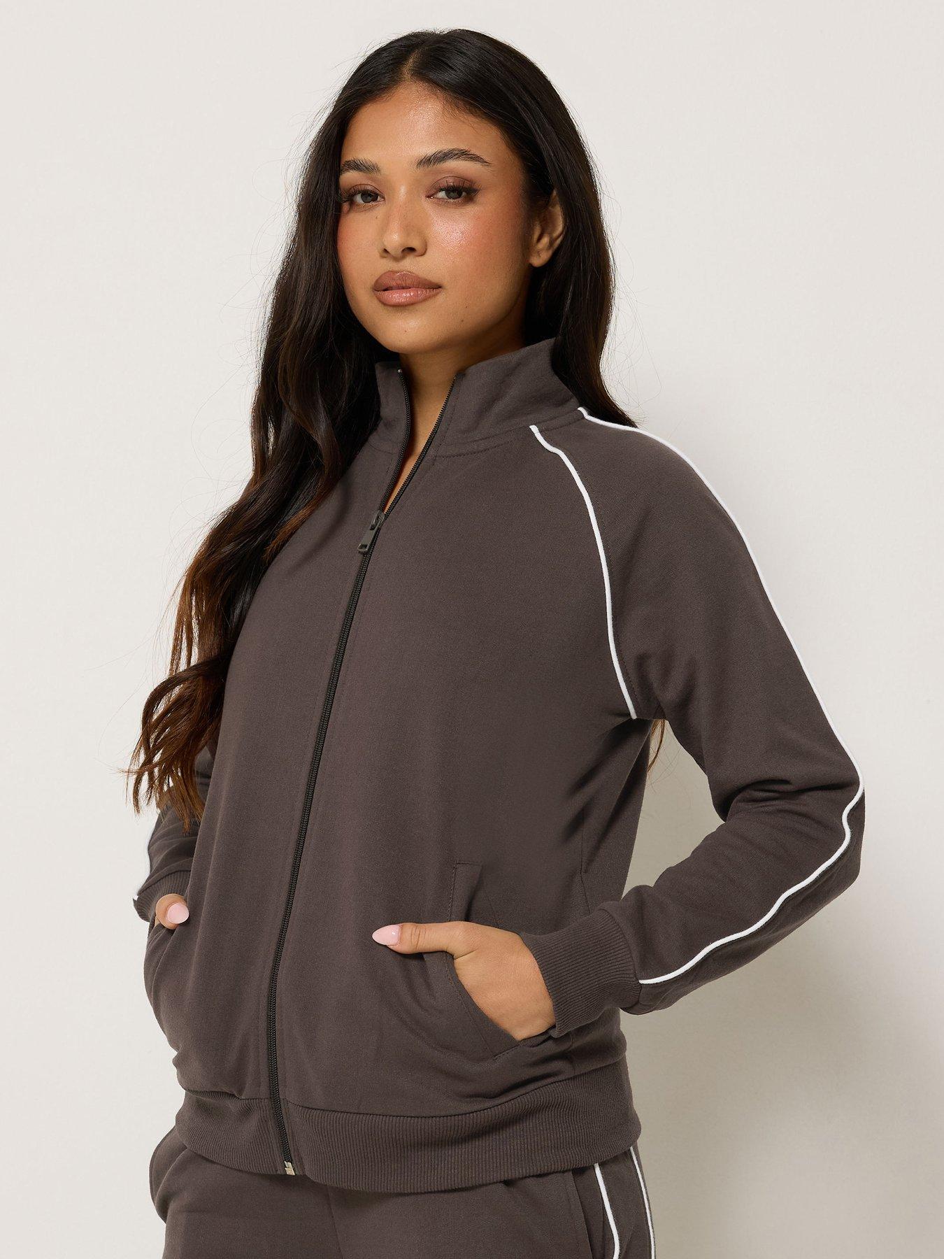 PixieGirl Petite Contrast Piping Zip Thru Jacket - Brown