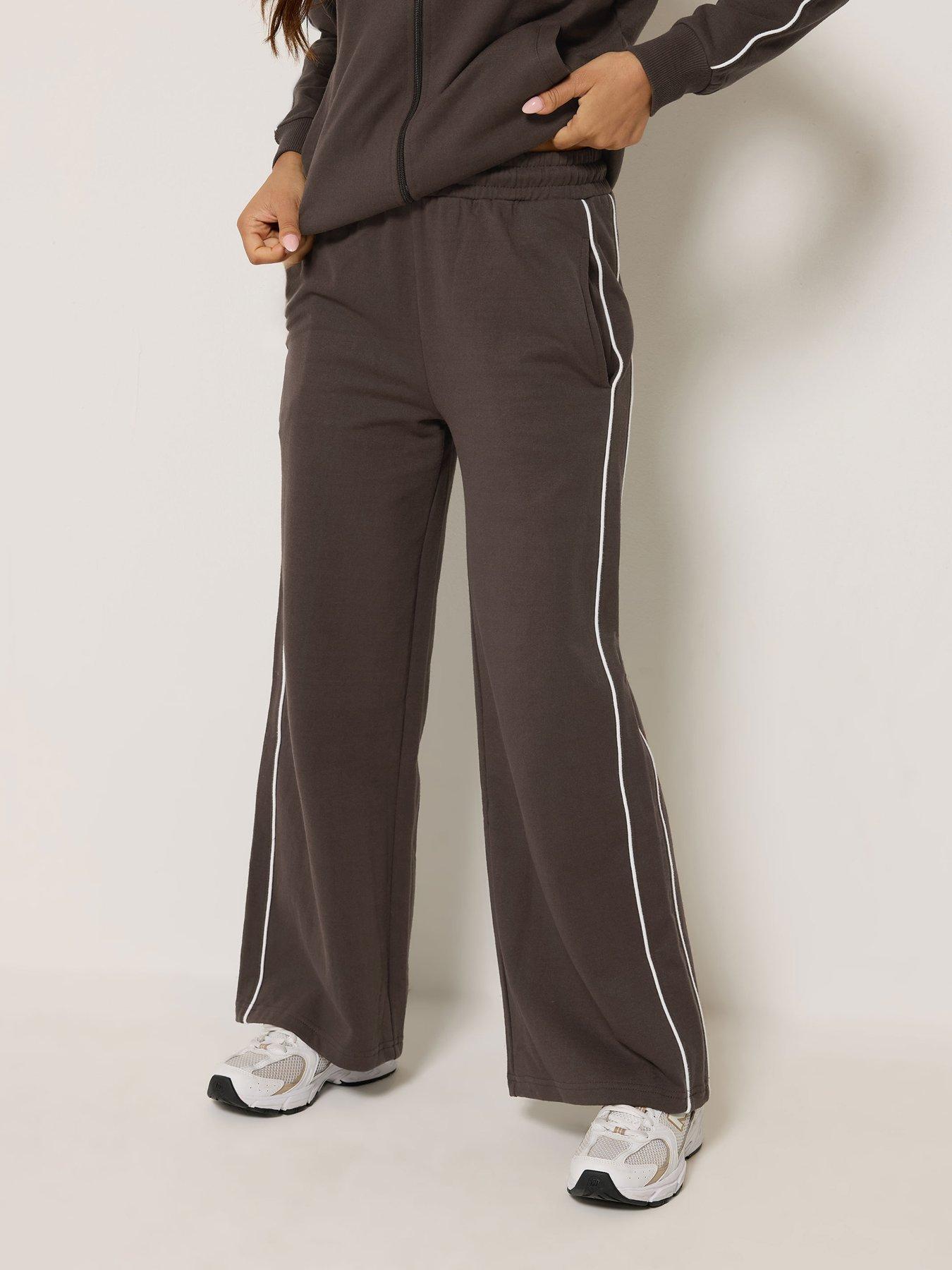 PixieGirl Petite Contrast Piping Wide Leg Jogger - Brown
