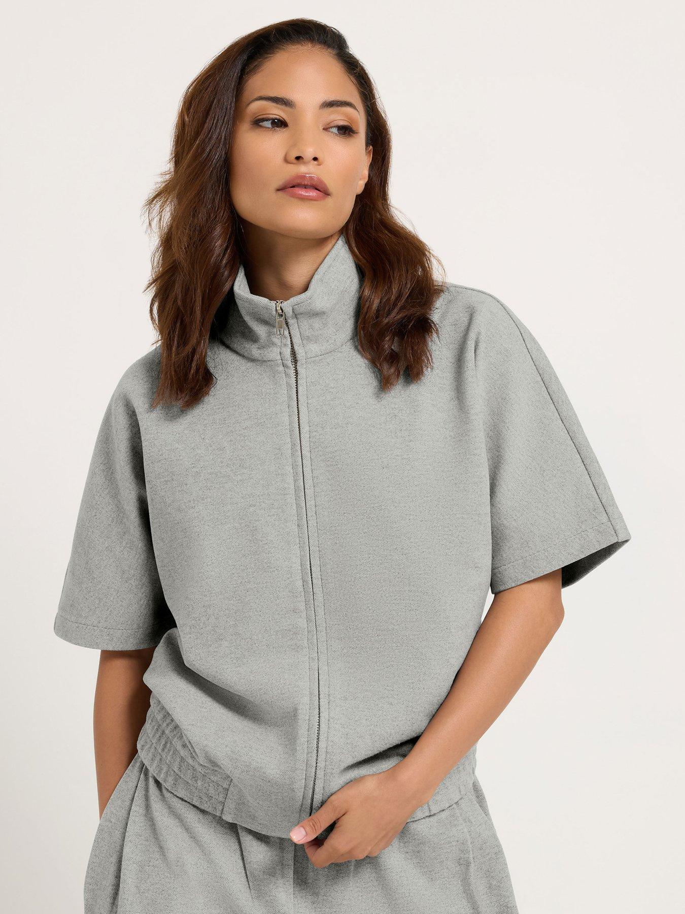 PixieGirl Petite Brushed Funnel Neck Short Sleeve Jacket - Grey