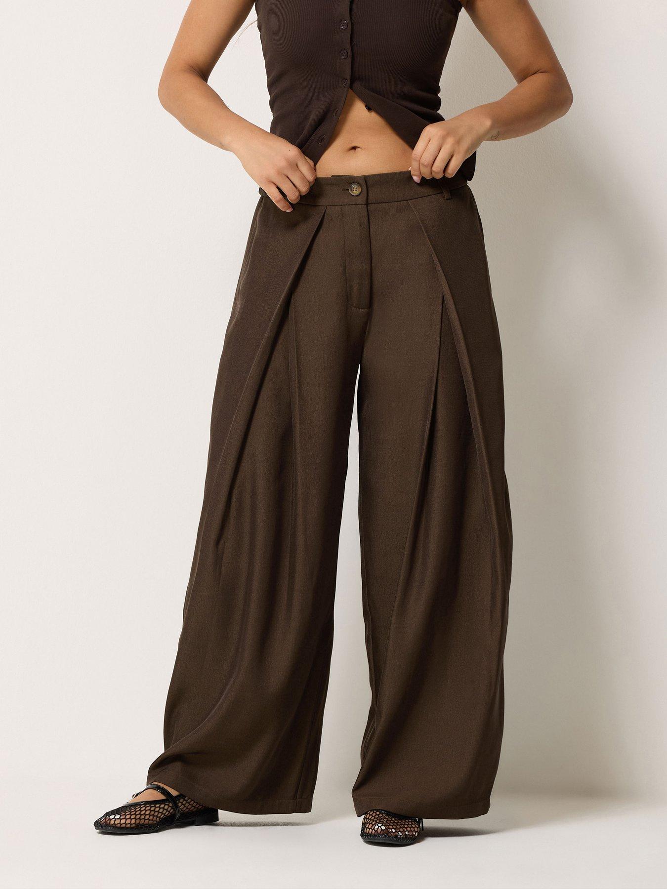 PixieGirl Petite Wrap Pleat Wide Leg Trrouser - Brown