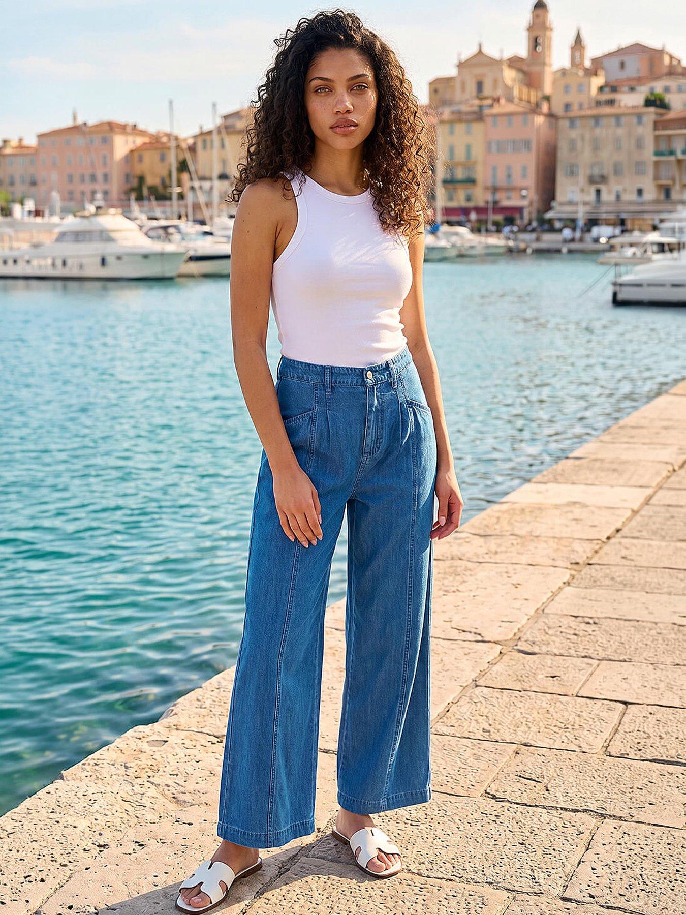 Image 1 of 4 of Roman Petite Stitch Pocket Wide Leg Jeans