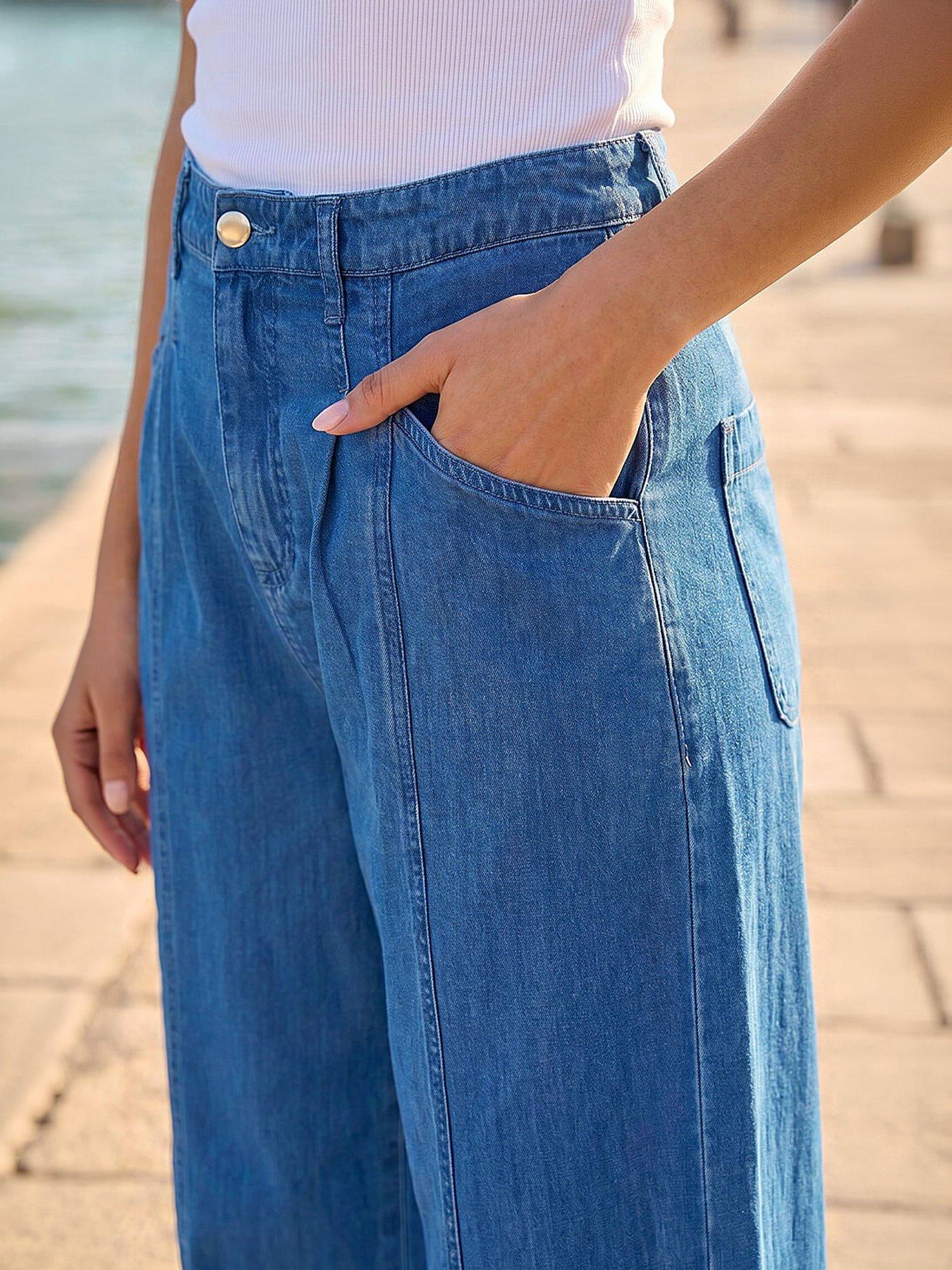 Image 2 of 4 of Roman Petite Stitch Pocket Wide Leg Jeans