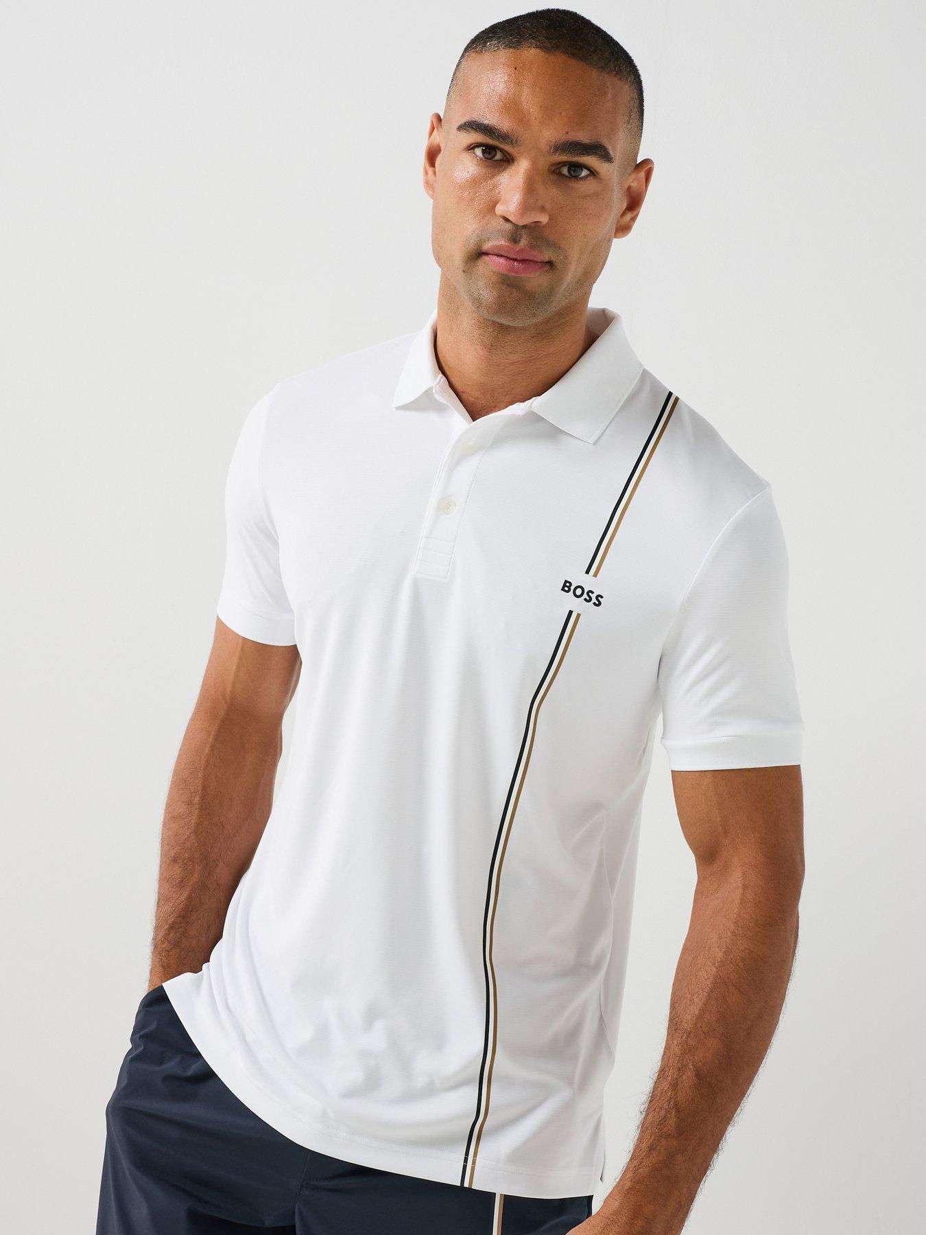Image 1 of 6 of BOSS Mens Active Quick-Dry Polo Shirt with Signature Stripe - White